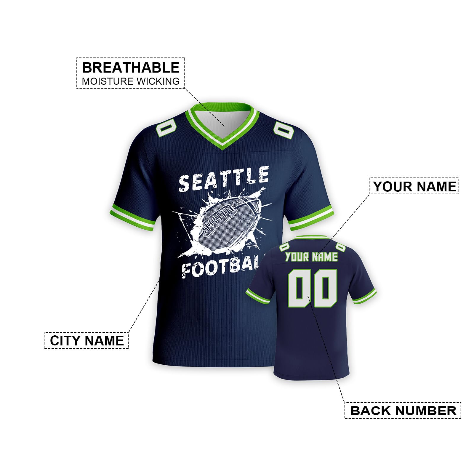 Custom Football City Jersey Shirt Rugby Element Design Personalize Your Name Number Apparel for Men Youth Women Fans Gifts S-7XL Blue-Green