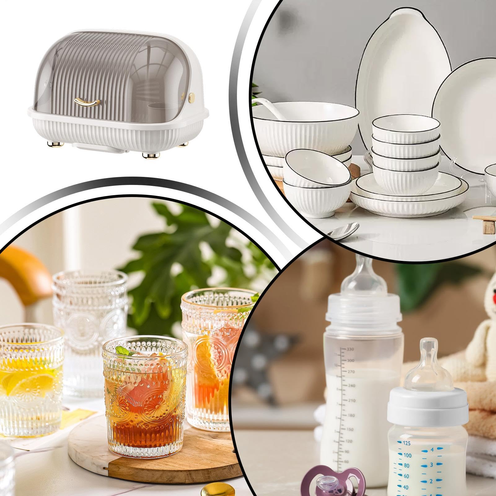 Escurridor de Platos con Tapa Polvo y Asa | Escurridor de Cocina para Tazas, Biberones, Platos, Vasos, Apartamento Pequeño, Autocaravana, Despensa