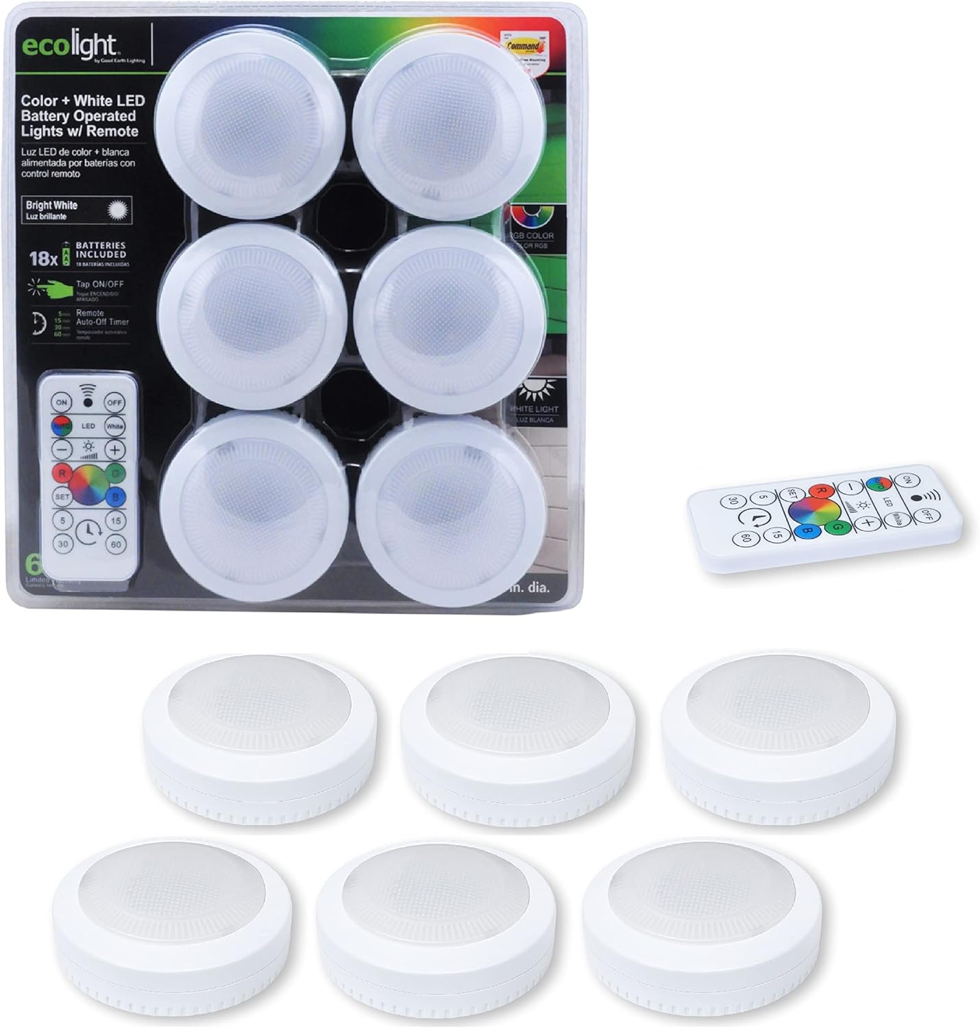 Ecolight 6-Pack 3-inch Battery-Operated LED Puck Lights in packaging with remote control