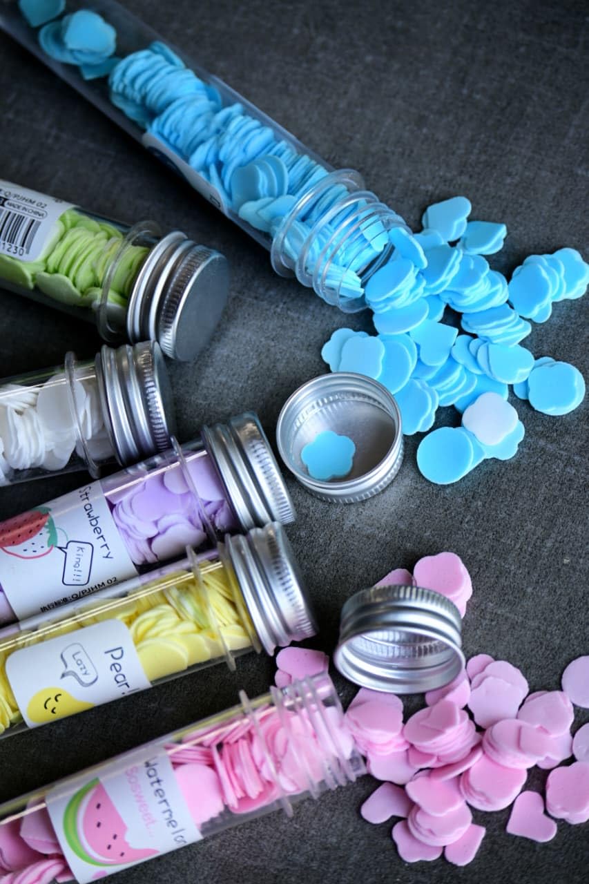 Dissolvable Soap Sheets in Test Tube, Fruit Scented, Multicolour | Portable Travel Size, Multiple Scents, Paper Soap Flakes, Tube Packaging, Hand Wash Sheets-image-0