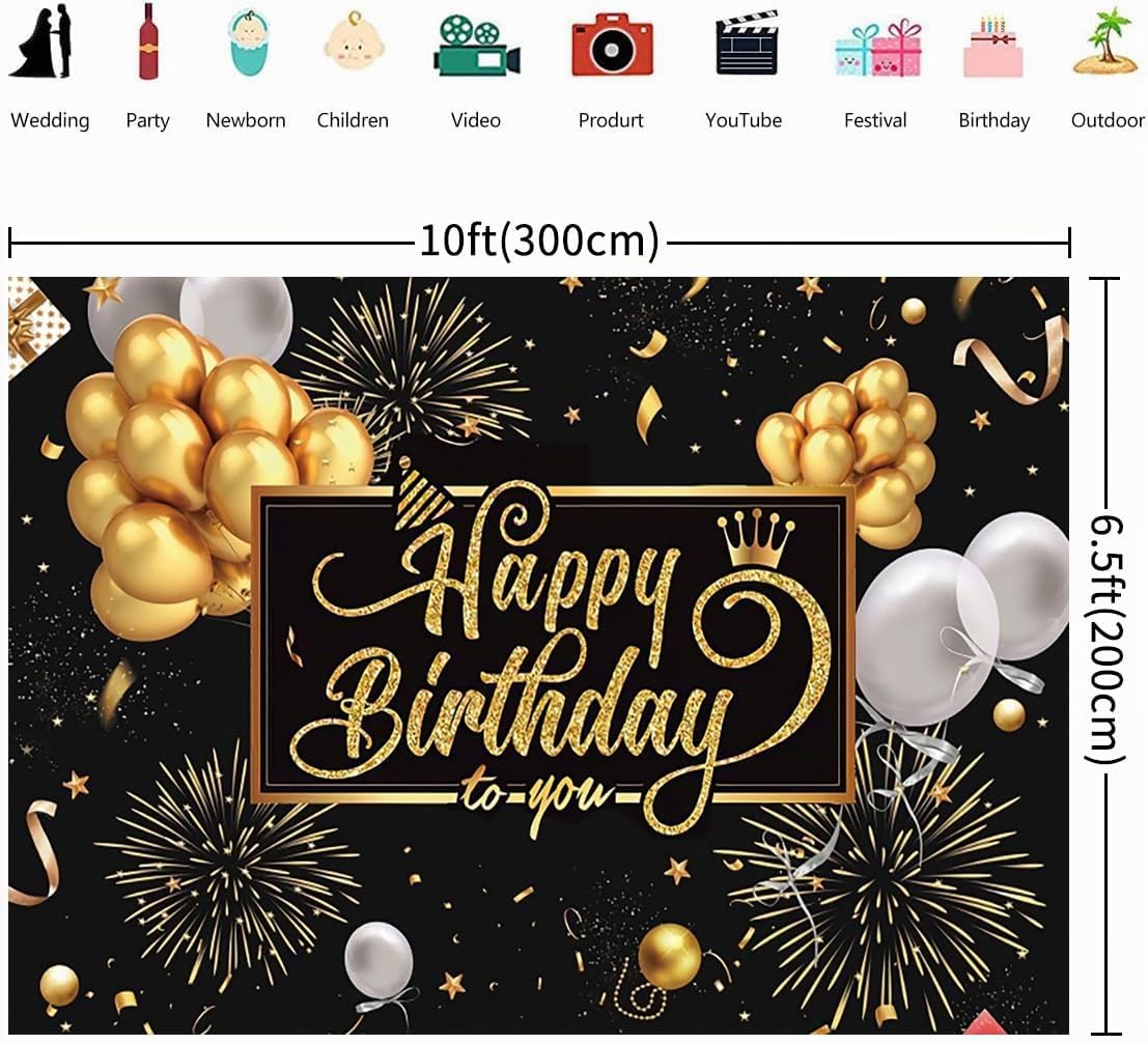 3x2m Sfondo compleanno nero e oro Happy Birthday Sign Balloon Fireworks Poster Sfondo fotografico Festa di compleanno Decorazioni per interni e per esterni Banner Photo Booth Props