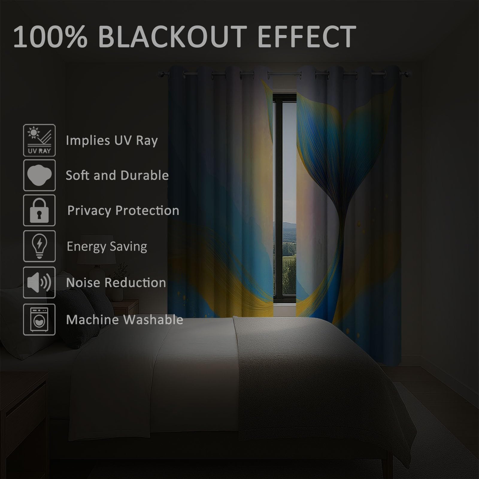 Zasłony termoizolacyjne, 140 x 250 cm, marzycielska zasłona z oczkami z ogonem syreny, pełne światło, blokada pokoju, redukcja hałasu, nadruk do jadalni, sypialni, 2 panele, niebieskie