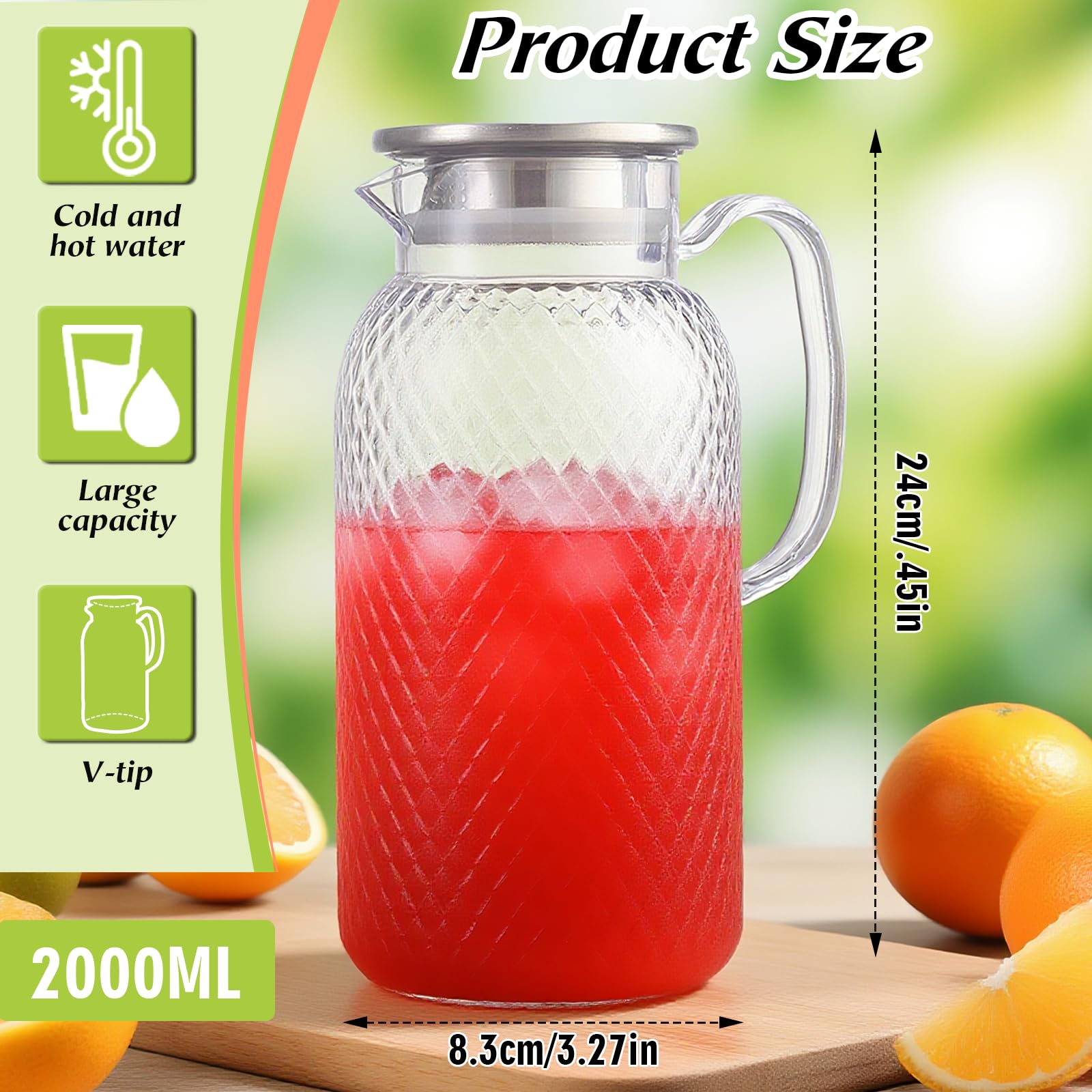 Confezione da 2 brocche in plastica da 2 litri con coperchio e manico, senza BPA, trasparente, non versano, per cocktail, succhi di frutta, acqua calda/fredda, tè, caffè, latte