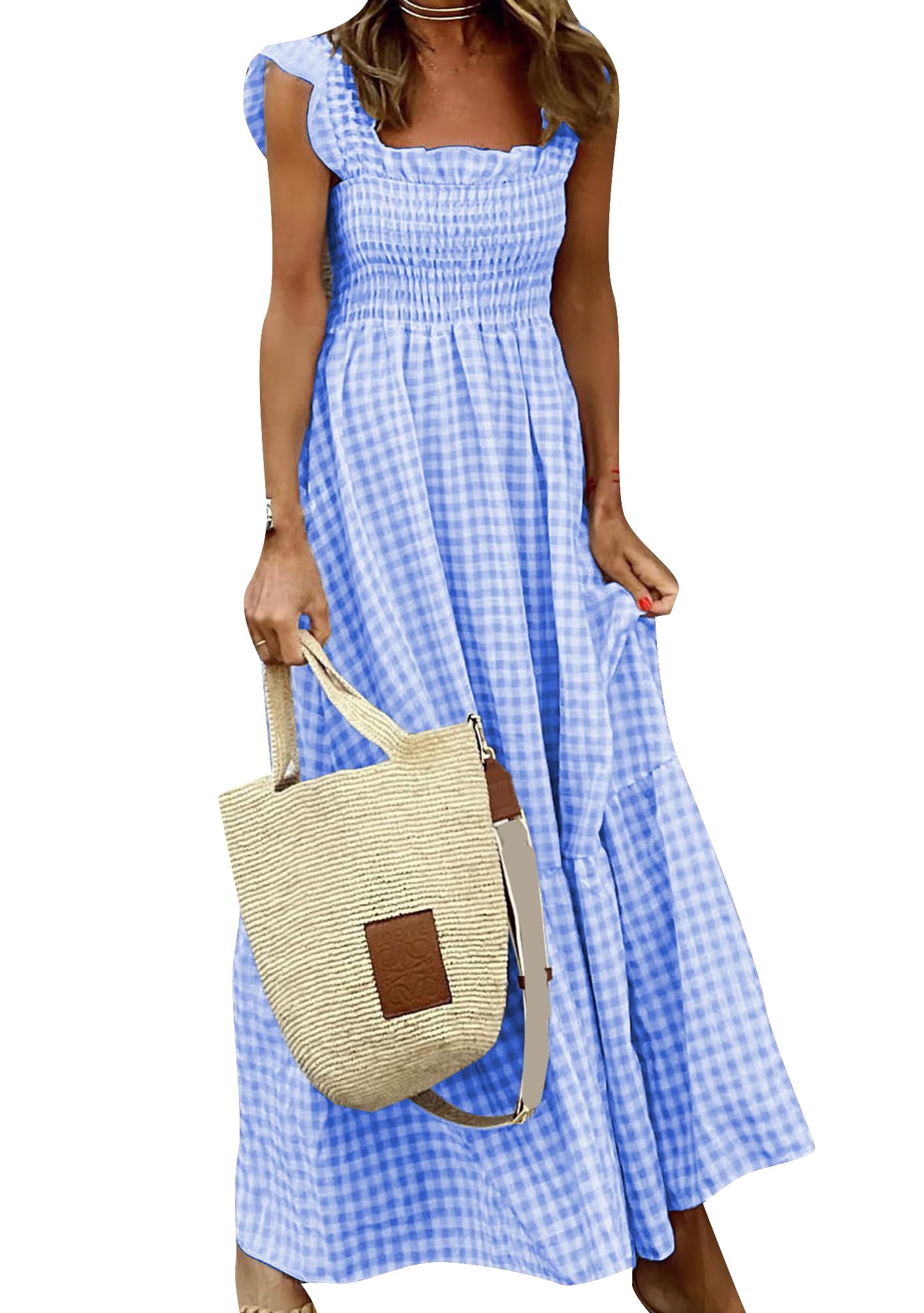 OMZIN Women's Sleeveless Square Neck Smocked Sundress High Waist Ruffle Swing A Line Maxi Dress