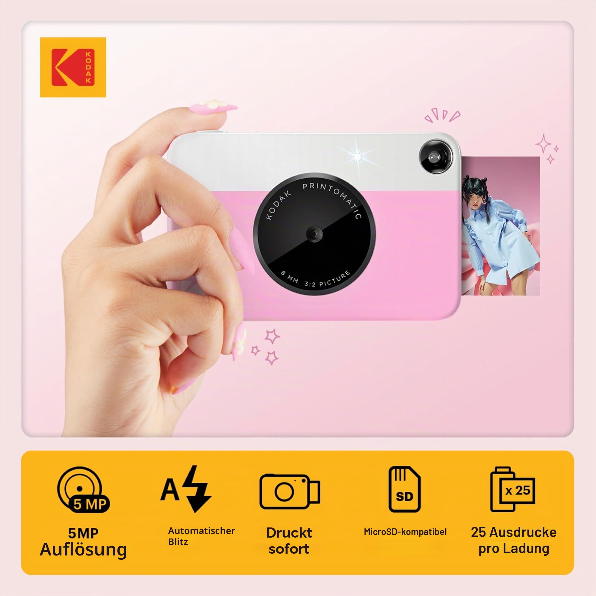 Kodak Printomatic Sofortbildkamera (Rosa) Basis-Paket + Zinkpapier (20 Blätter) Etui + Bequemer Halsriemen