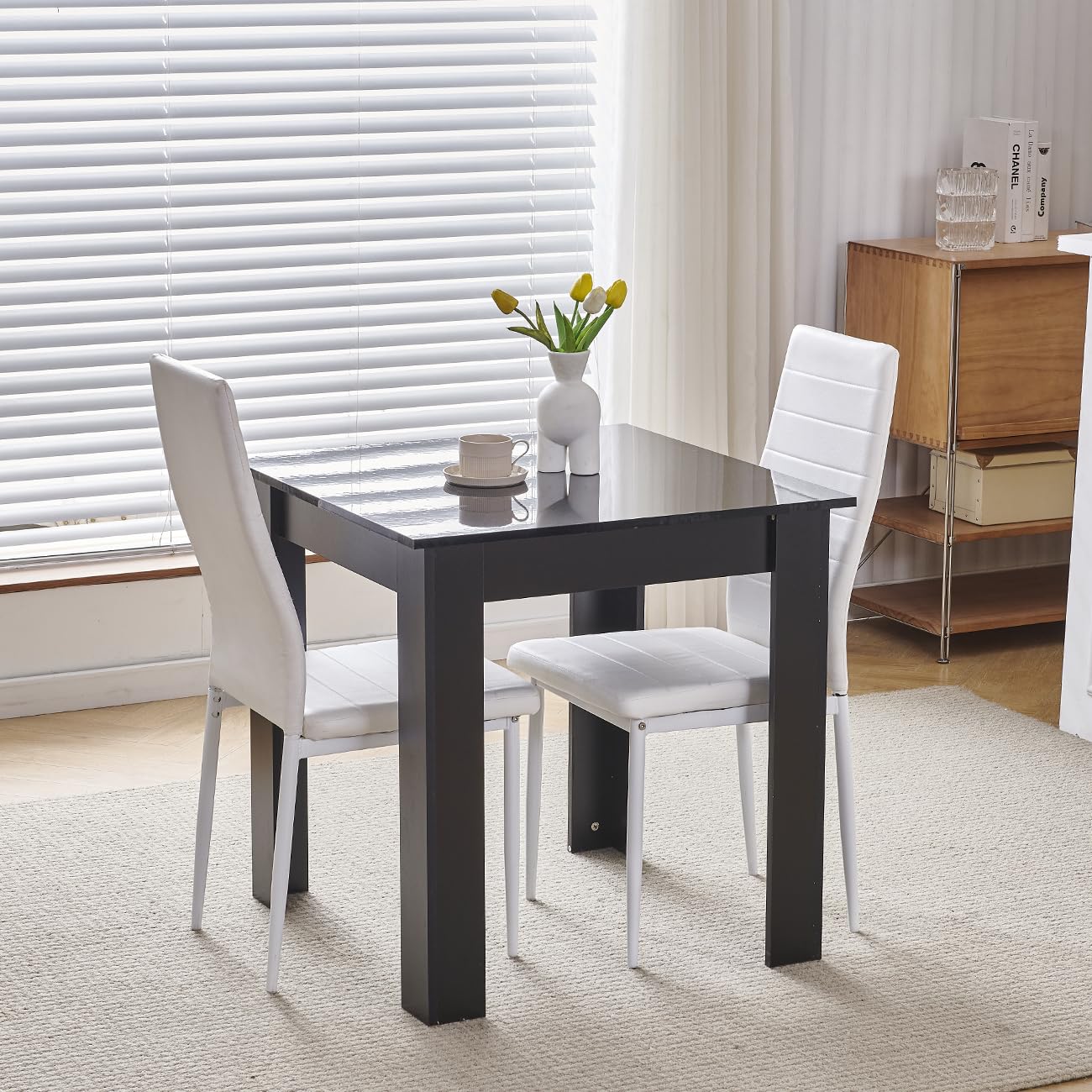 75x75 cm Small Dining Table and 2 Chairs, 2 Seater Table and Chairs Set Kitchen Dining Room Set for 2, Compact, Space Saving, Wooden, Glossing Tabletop Black (2 Seats, Faux Leather Eggshell White) โ image 1