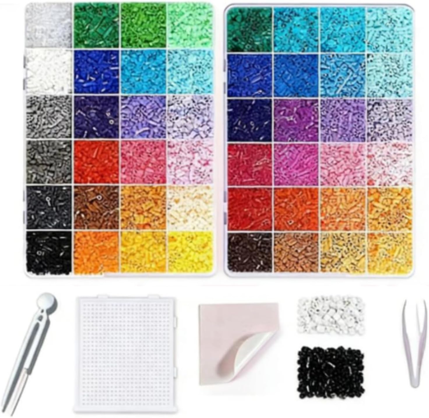 48-Color Collage Beads Set | Pixel Art Fuse Kit with Pegboard & Tools | DIY Mosaic Craft Supplies for Kids | 2000+ Extra Black & White Beads