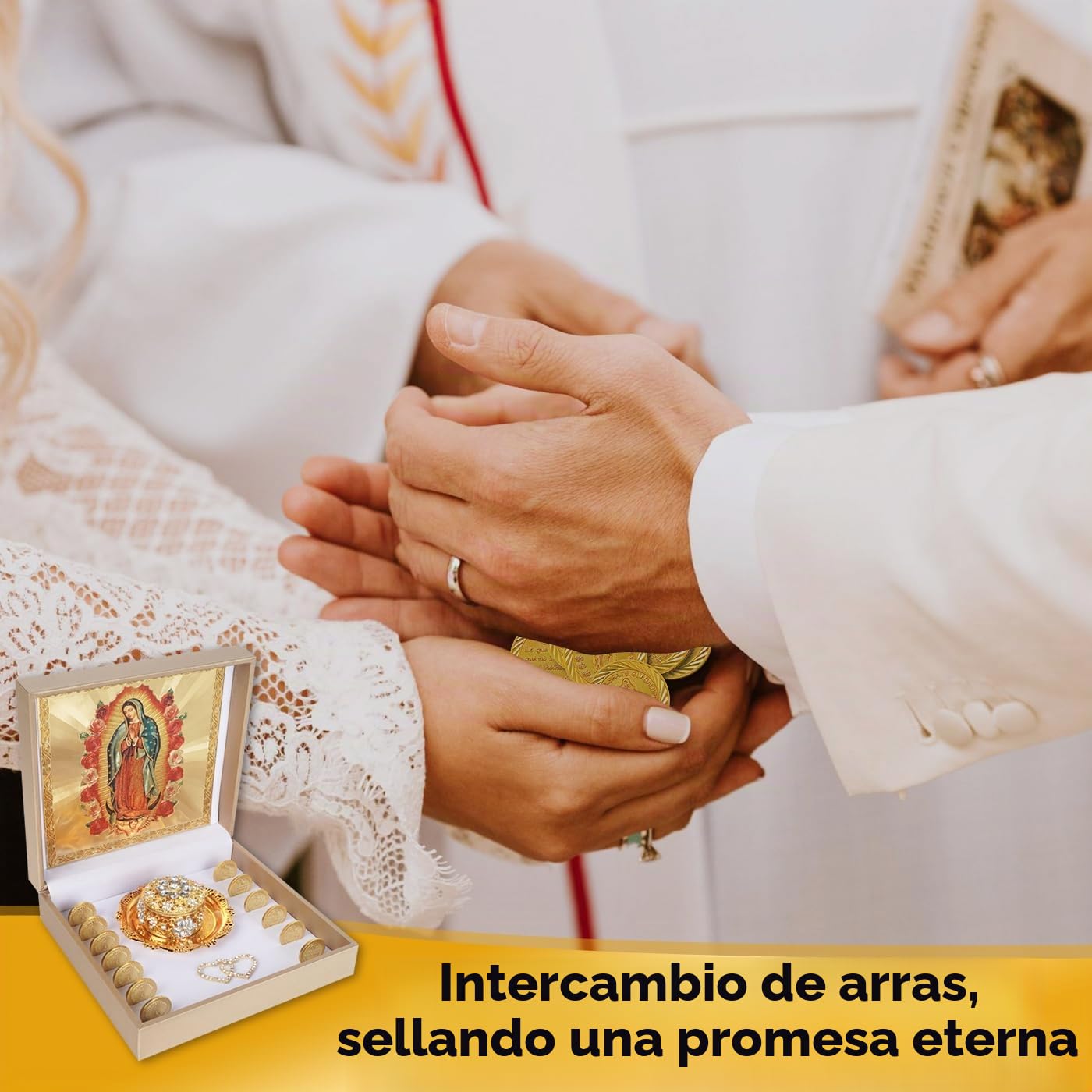 Arras Para Boda Católica con Virgen De Guadalupe Caja de regalo, Arras De Boda Cristiana Premium, Arras De Boda Católica, Monedas de Boda Católica, Caja Arras de Boda Mexicana (dorado)