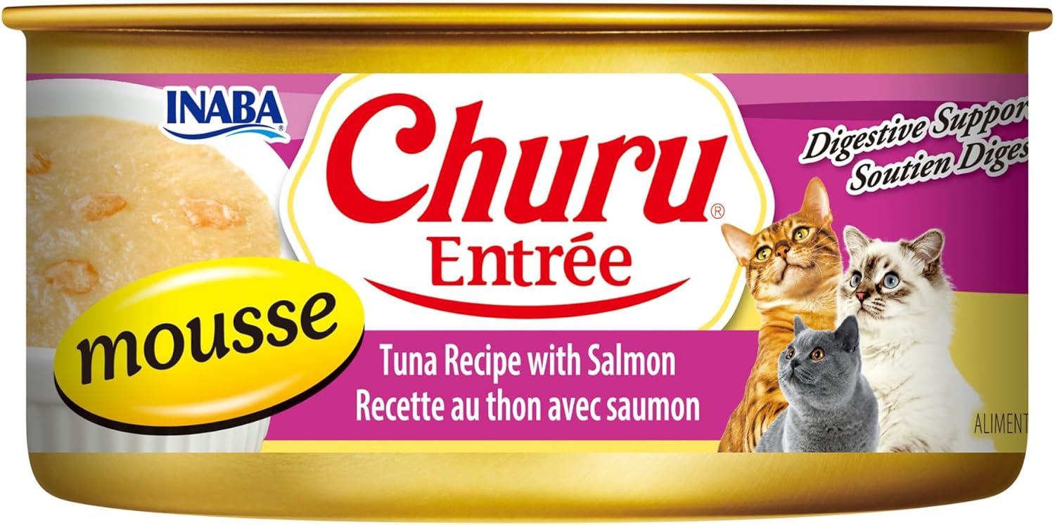 INABA Churu Entrée Mousse for Cats, High Moisture, Prebiotic Wet Cat Food, 5.5oz Cans, 24 Cans Total Tuna Recipe with Salmon
