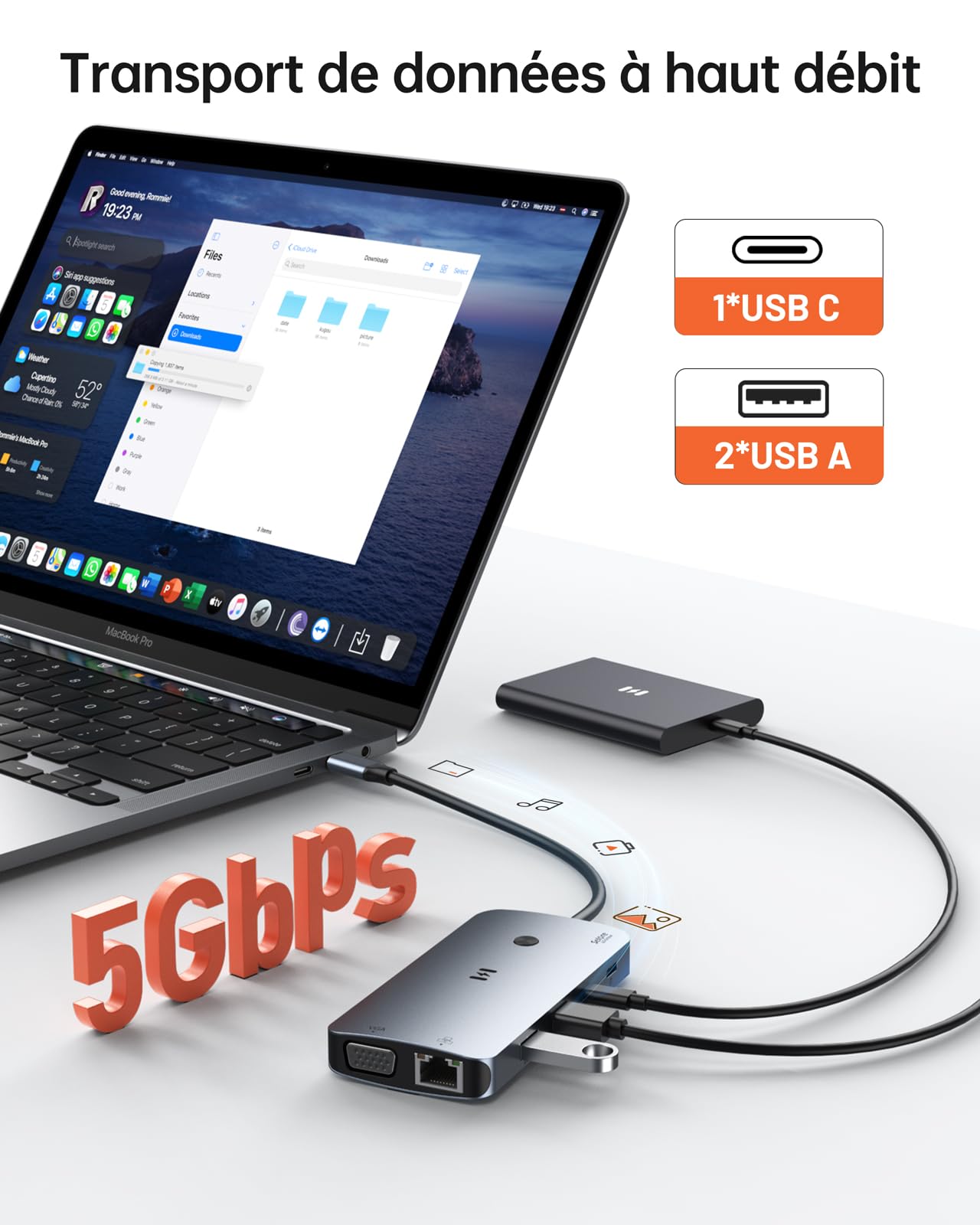 Station d'accueil USB C 4 Moniteurs pour Ordinateur Portable, 9 en 1 Docking Station USB C avec Double HDMI, DisplayPort, VGA, Ethernet 1Gbit/s, PD 100W, 3 USB A/C 3.0 HUB USB C pour Dell HP