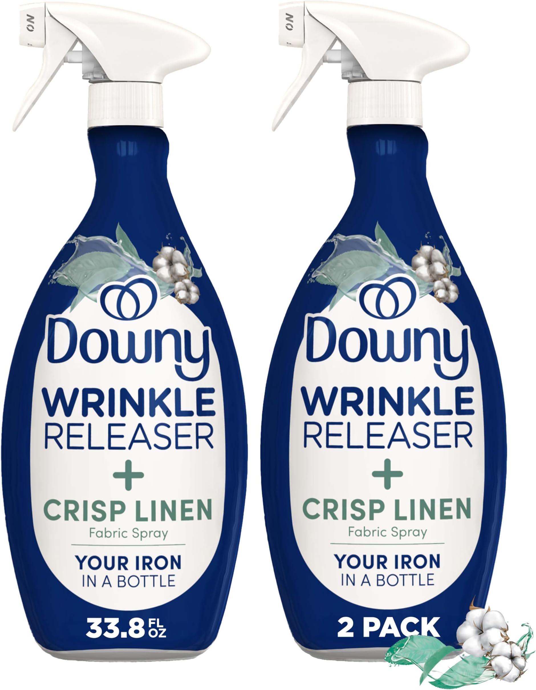 Downy Wrinkle Releaser Spray, All In One Formula, Removes Wrinkles, Static and Odor Eliminator, Crisp Linen Scent, 33.8 Fl Oz, Pack of 2 (Packaging May Vary)
