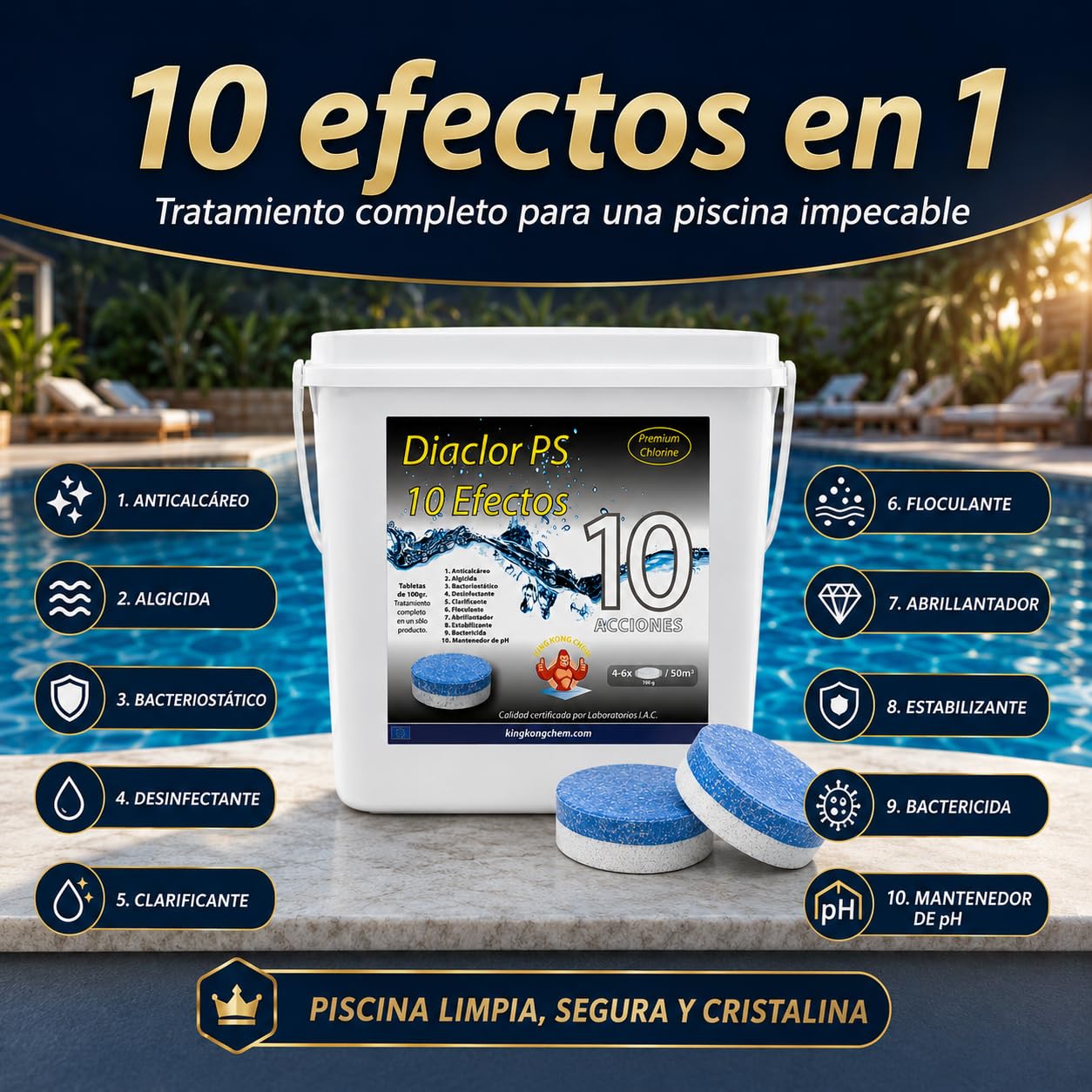 Pack 2 UDS - Cloro Total para Piscinas DIACLOR PS 10 Efectos 10 KG (2x5 KG) 100 Pastillas de Cloro Multiacción (100 gr) - Tratamiento Completo Profesional 10 Acciones