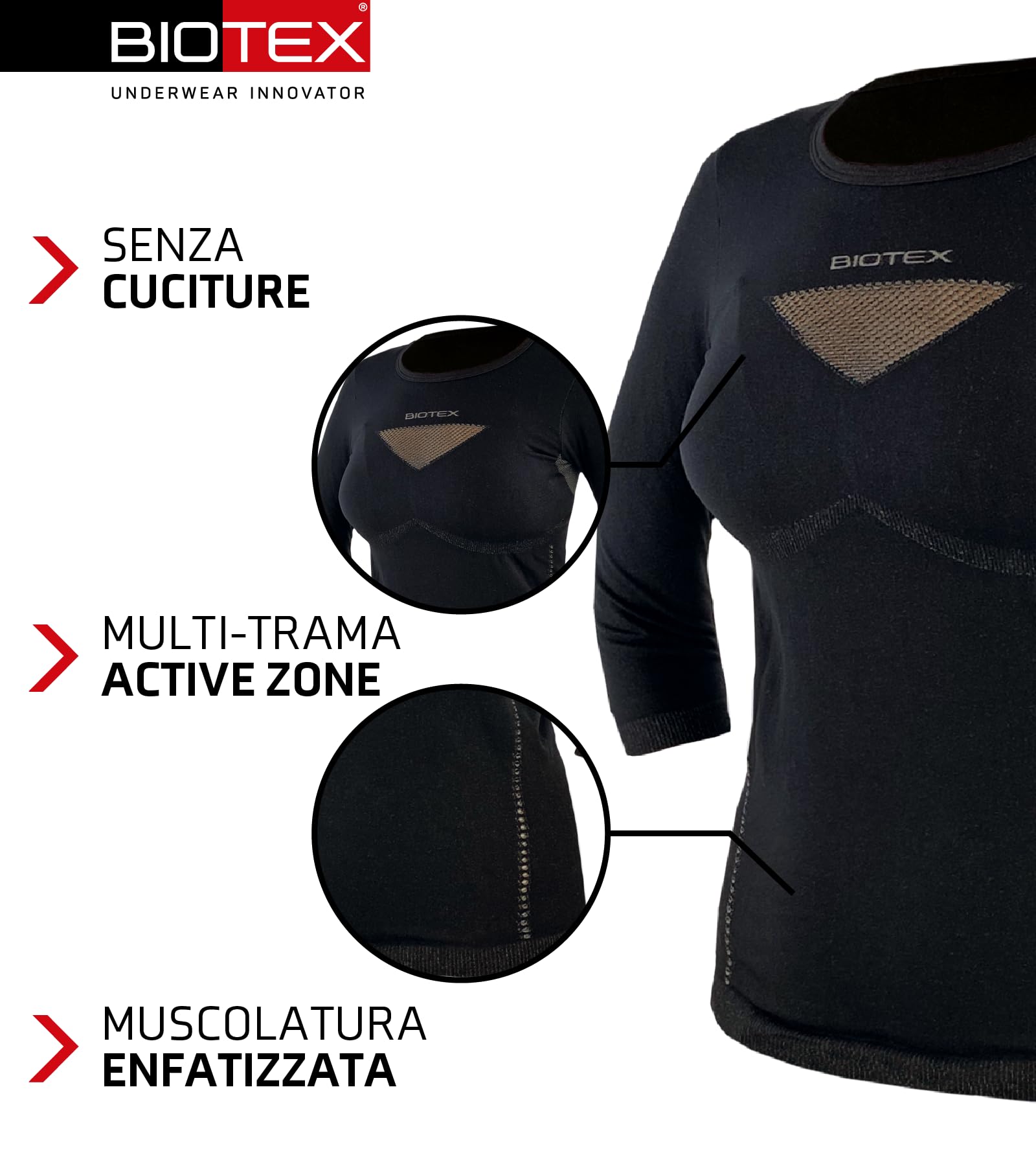 BIOTEX Maglia Elite da Donna con Manica 3/4, Ideale Running e Ciclismo, Intimo Tecnico Sportivo