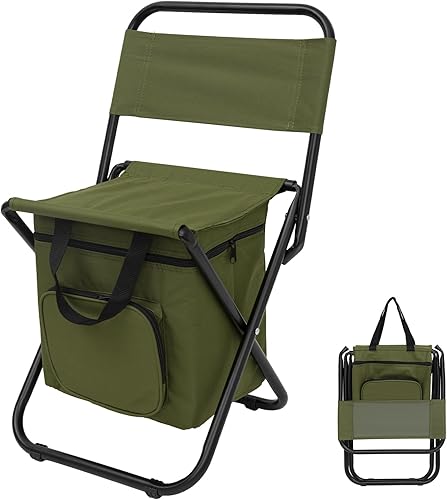 FUNDANGO Silla de pesca pequeña con bolsa enfriadora, silla de campamento ligera, taburete de pesca compacto con respaldo para caravana, senderismo,