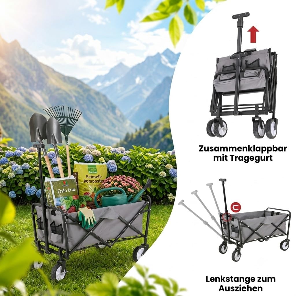 Gardenio Bollerwagen faltbar mit Bremsen, Handwagen 80 kg/60l, Bollerwagen klein & leicht mit Taschen, Handkarren Outdoor/Camping/Wandern/Angeln/Garten, neueste Upgrade-Version mit längerer Lenkstange