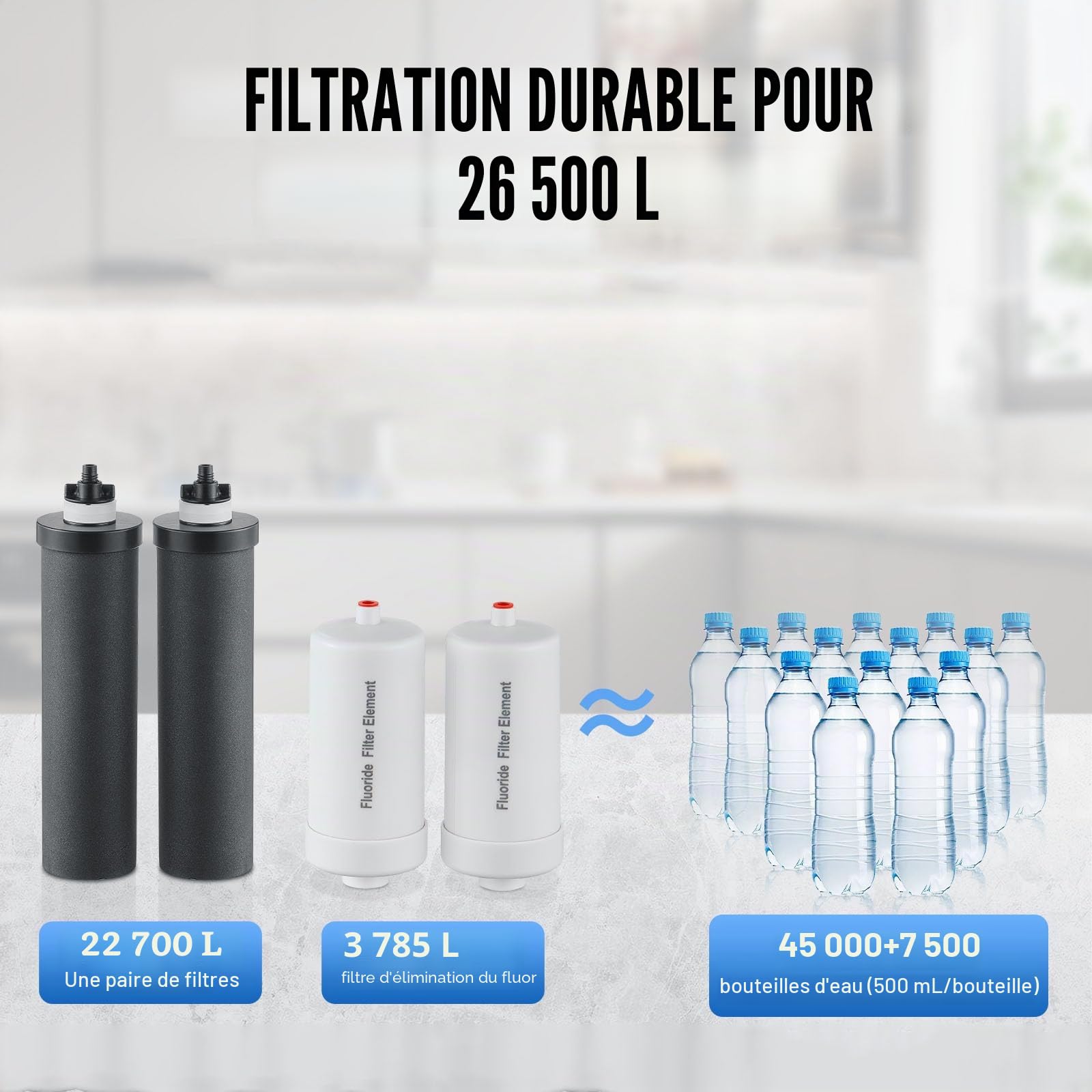 VEVOR Système de Filtration d'Eau par Gravité 7,5 L, Filtre à Eau par Gravité Réduction du Plomb et jusqu'à 99% du Chlore, Inox 304, avec 2 Filtres à Charbon Actif, 2 Filtres de Défluoration, Robinet