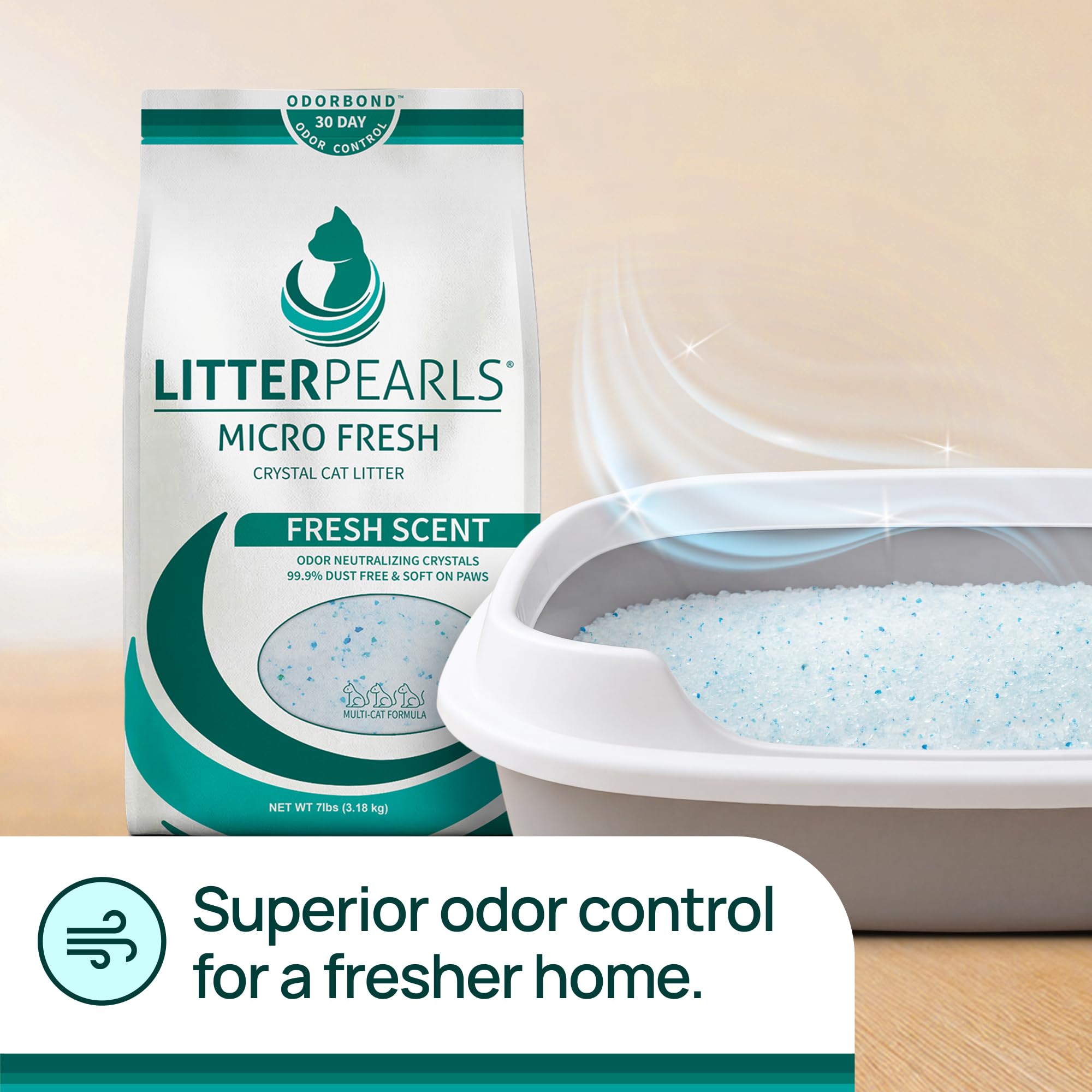 Litter Pearls Arena para Gatos Micro Fresh perfumada, no aglutinante, con Olor a adherencia, 7 Libras, Cristales Blancos, Transparentes y Azules, 10609