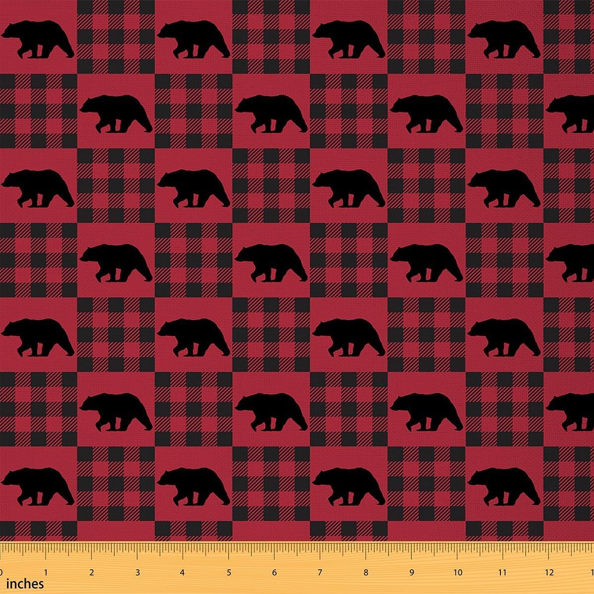 Bear Fabric by The Yard 10 Yards Red & Black Plaid Decorative Waterproof Outdoor Fabric for Chairs Sofa Couch Wild Animal Farmhouse Upholstery Fabric Waterproof Nature Wildlife DIY Reupholstery Fabric