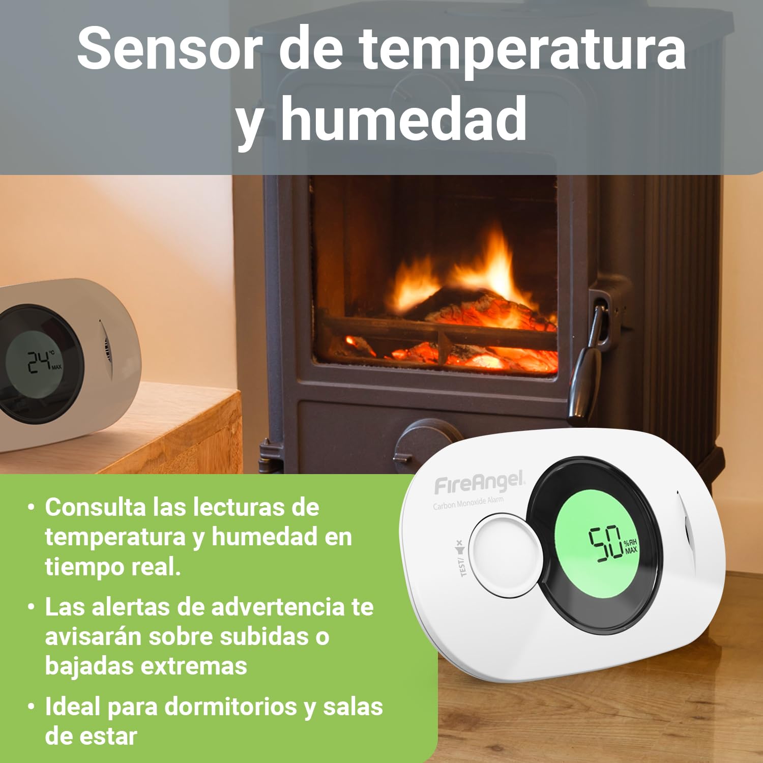 FireAngel Detector de Monóxido de Carbono Digital con Batería Sellada de 10 Años de Duración FA3322 - Alarma de CO, Humedad y Temperatura Portátil