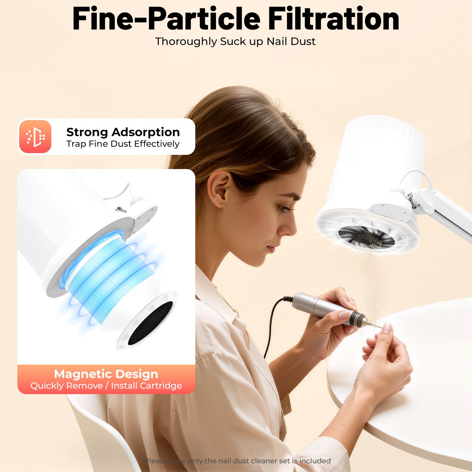 Aspirador de polvo de uñas profesional,Estación de uñas de arte, con lámpara LED brazo ajustable,Motor de cobre de succión potente silenciosa para salón Manicura en casa Formación