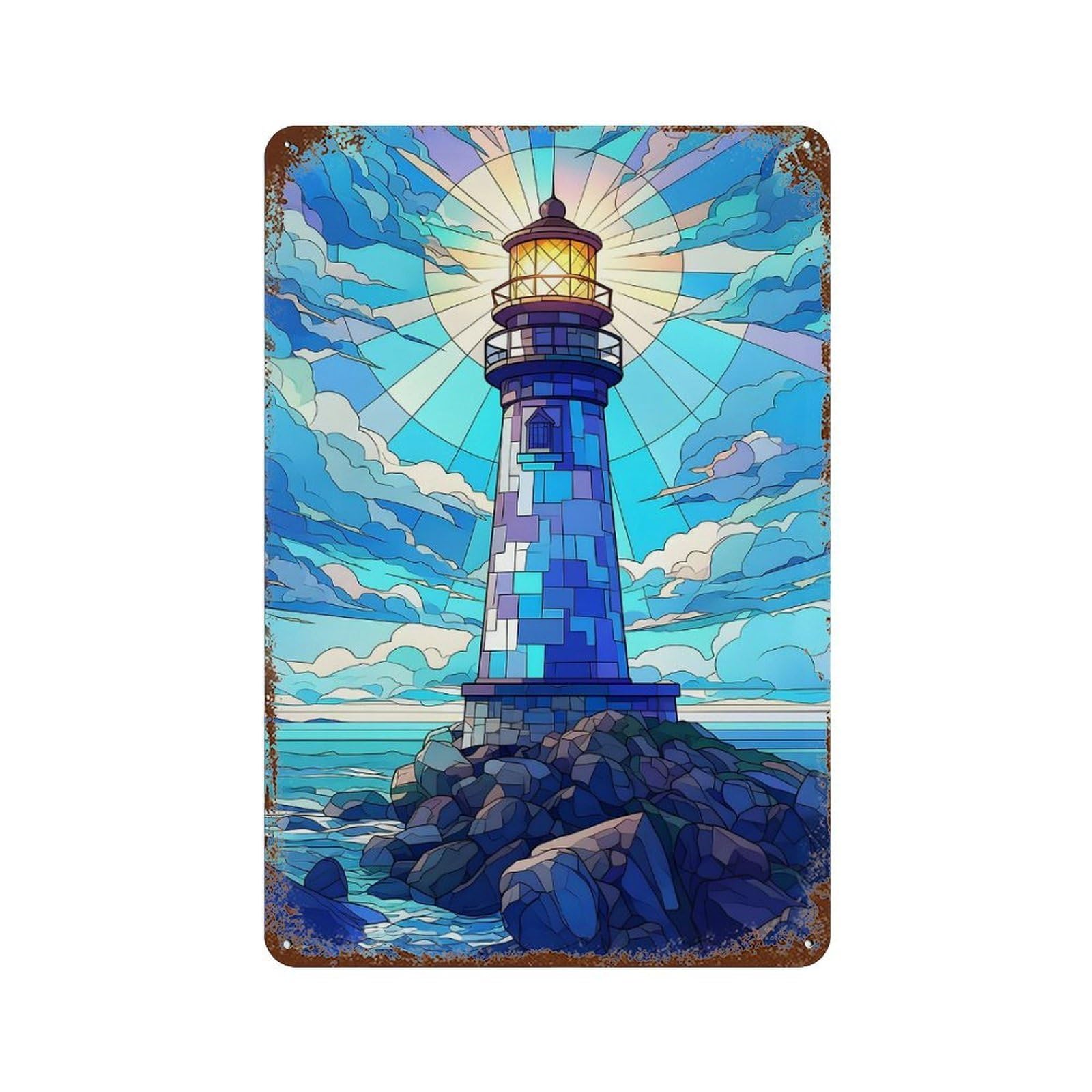 Vintage Rust Metal Sign with Lighthouse Stained Glass Design 11.8"x7.9", for Farmhouse, Kitchen And Entryway Decor, Novelty Wall Decor