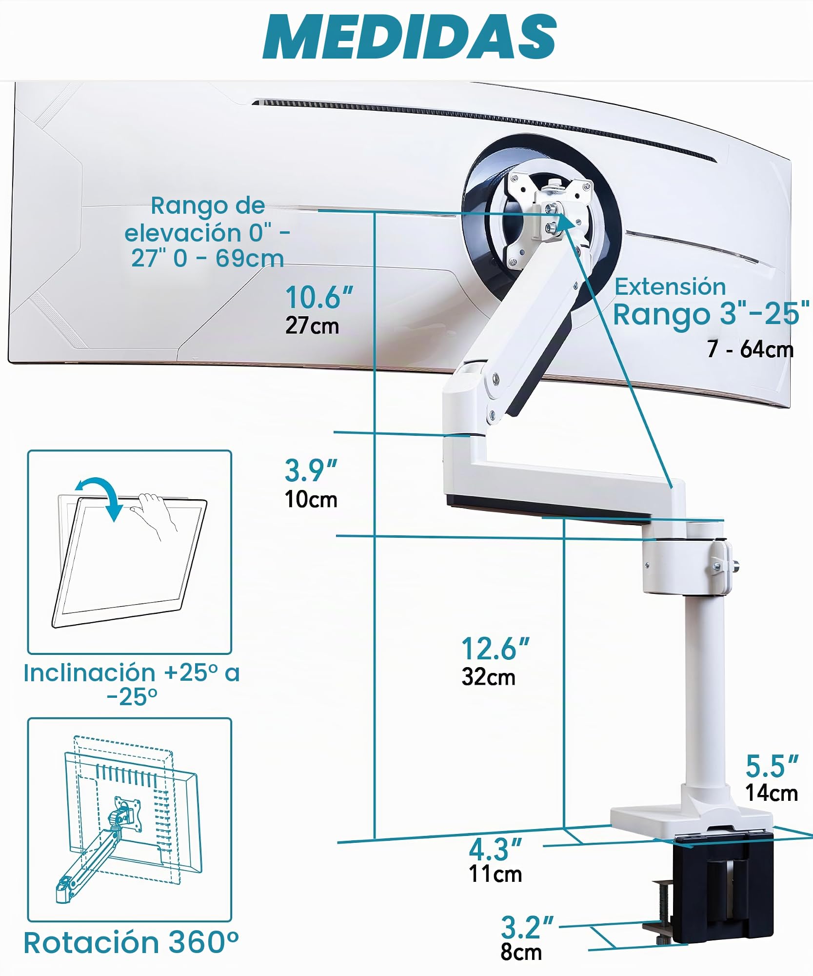 ULTRARM Brazo para Monitor Curvo ultrawide, Resistente, diseño Modular | Máx. 57", 20 kg, pantallas 900R, VESA 100x100, altura ajustable neumática, pinza C y pasacables, Blanco, MA20PW-S