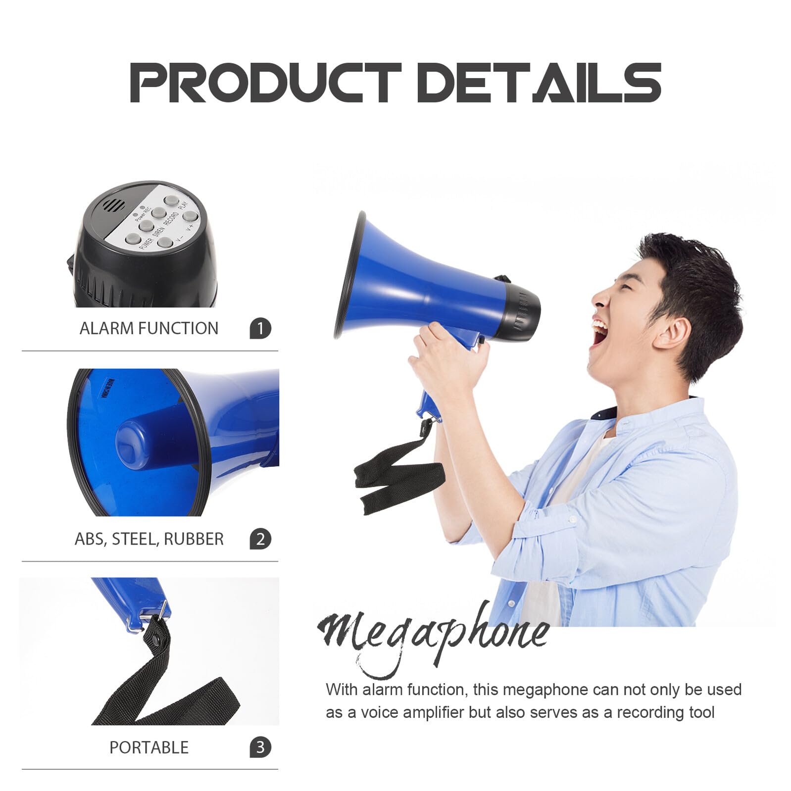 ORFOFE Megáfono de Mano Plegable Azul con Micrófono Grabador y Amplificador de Sonido Altavoz Portátil para Guía Turístico y Vendedor