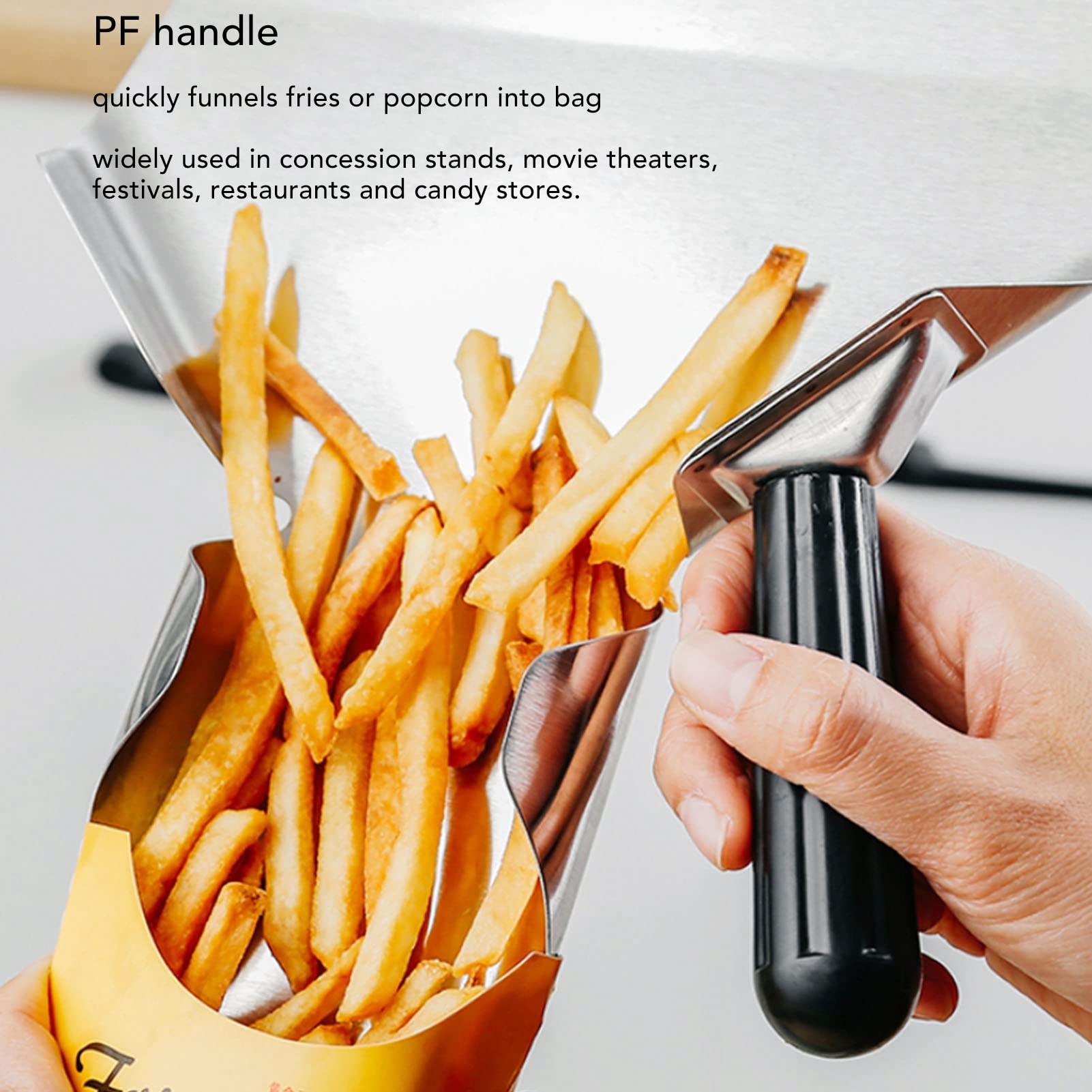 Stainless Steel French Fry Bagger, Popcorn Scoop, Potato Chip Serving Scooper, Ice Candy Snacks Desserts Scooper with Removable Handle for Chips Popcorn