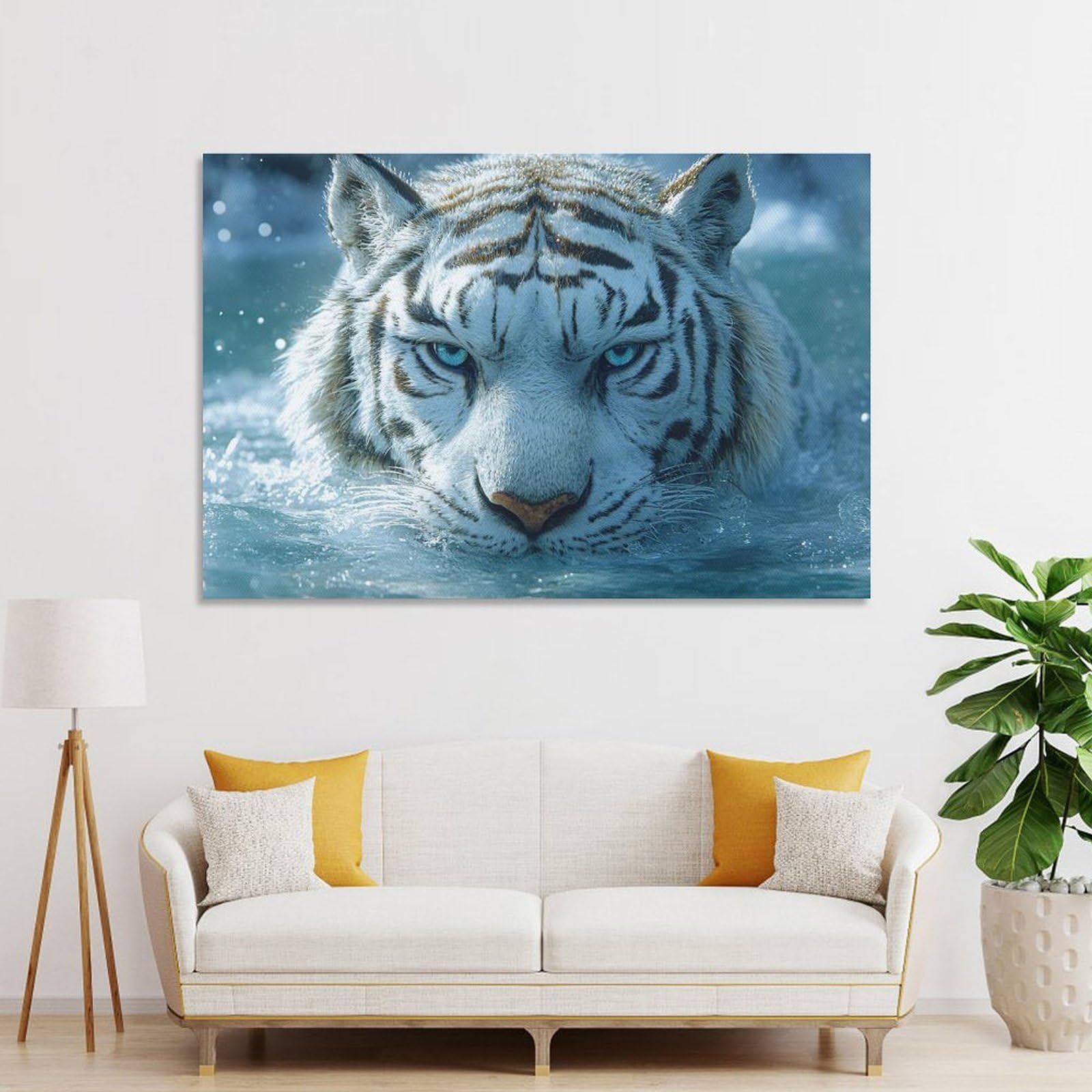 Junmoney Wall Picture Print White Tiger in Water, 12x18inch(30x45cm), for Living Room, Lounge Or Sitting Room, A Home Accent with Warm Character