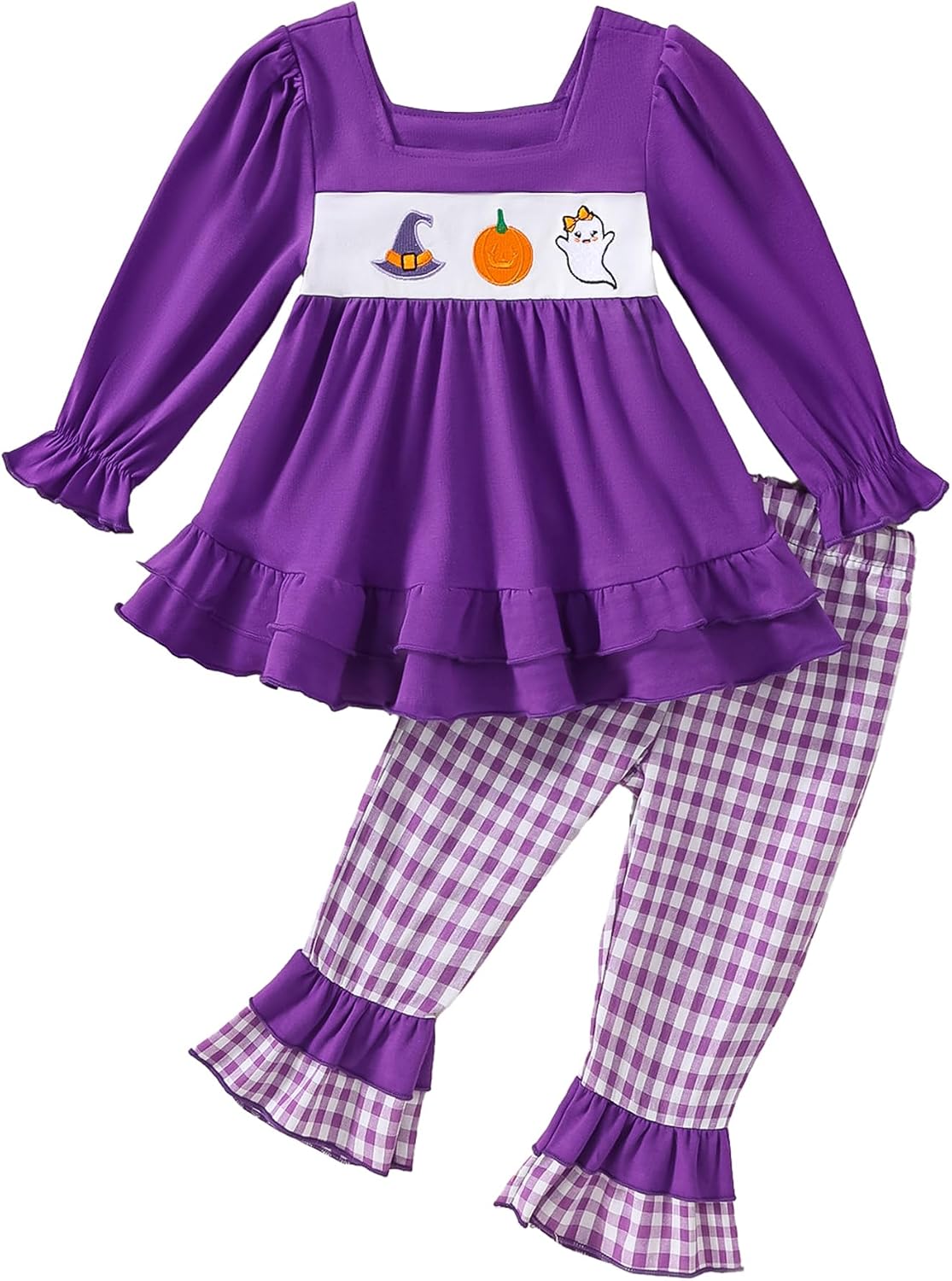 Toddler Girl Halloween Outfit Square Neck Pumpkin Ghost Embroidered Top + Plaid Ruffled Flared Pants