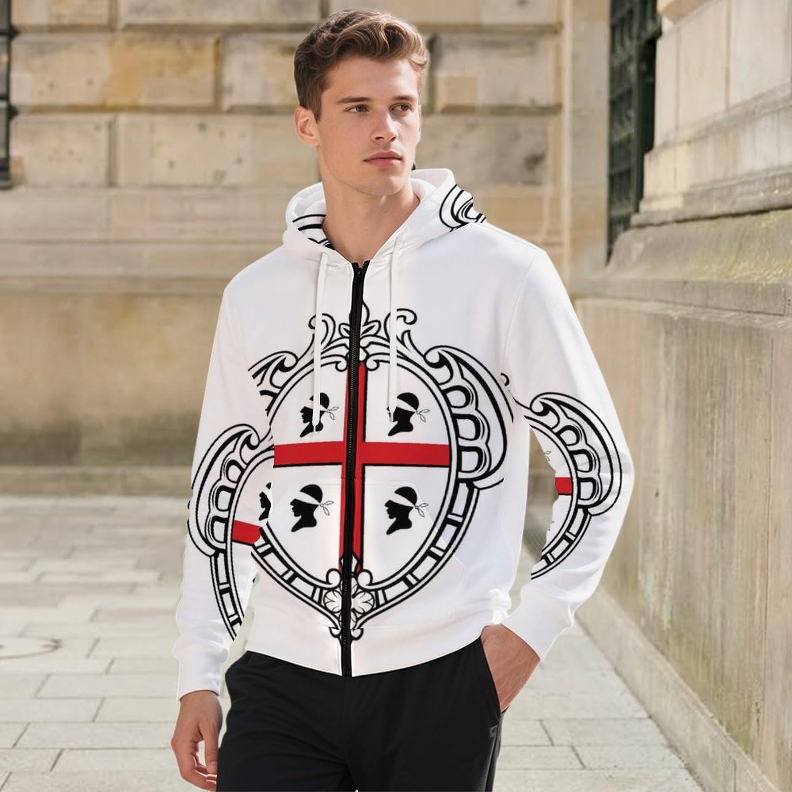 Felpa con Cappuccio da Uomo Oversize A Maniche Lunghe con Stampa Bandiera della Sardegna E Dell'Italia con Cerniera E Tasca