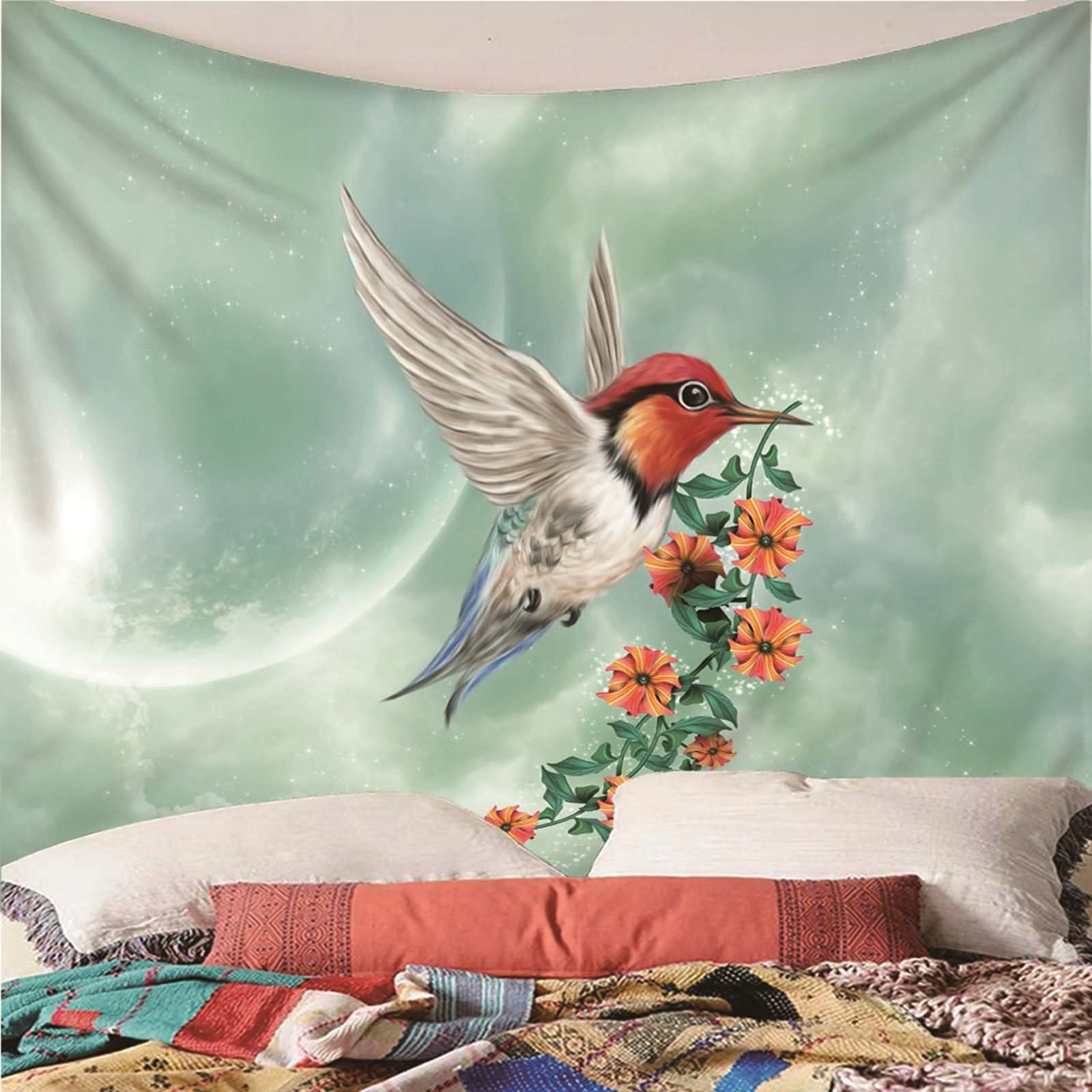 Aotiwe Dekoracja ścienna dla mężczyzn, dekoracje do sypialni ptak z kwiatami poliester zielony pomarańczowy 150 x 130 cm do wnętrz