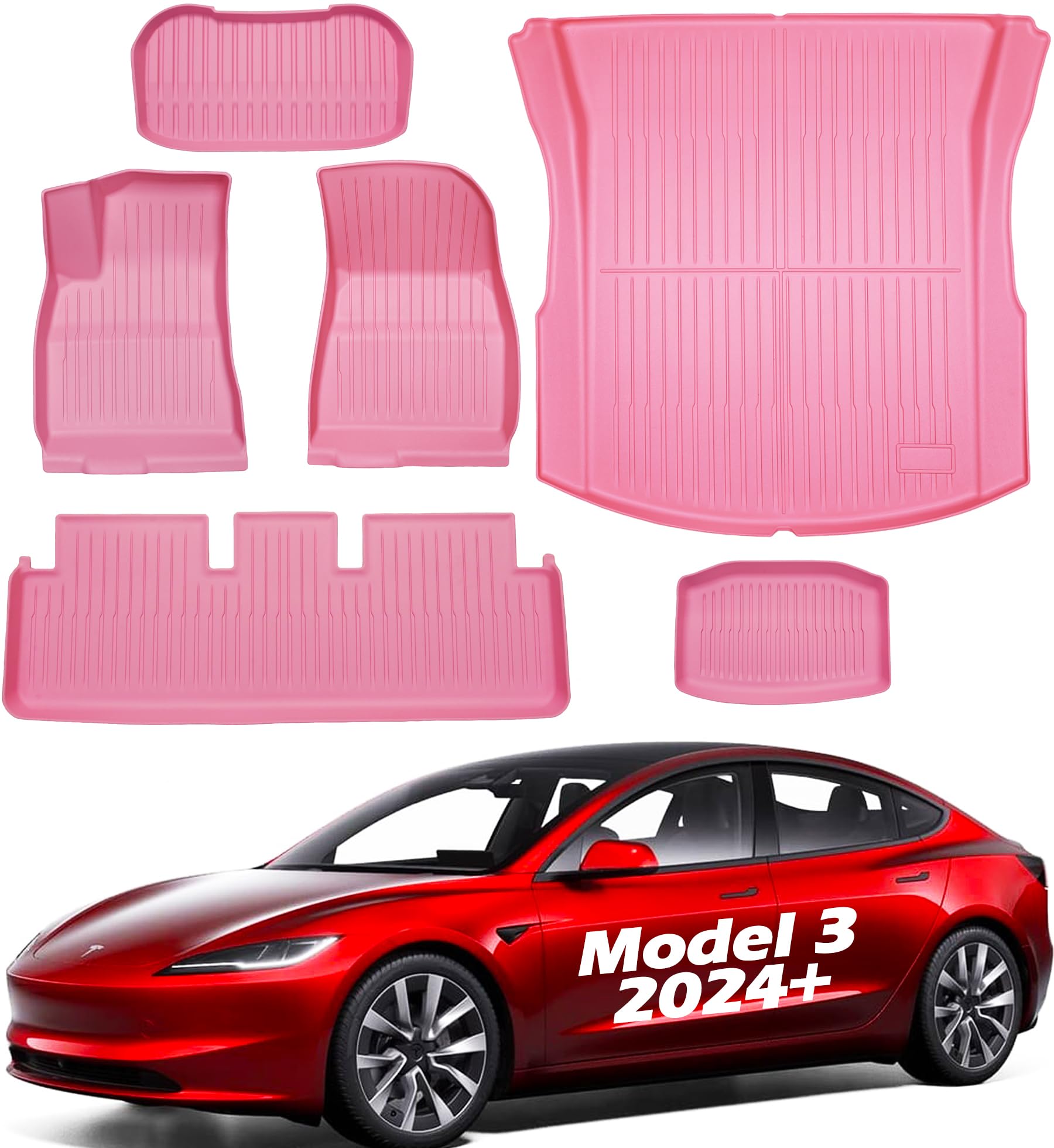 SHARGGE Floor Mats for 2026 2025 2024 Tesla Model 3 Highland All Weather Cargo Liners Pink XPE Carpet