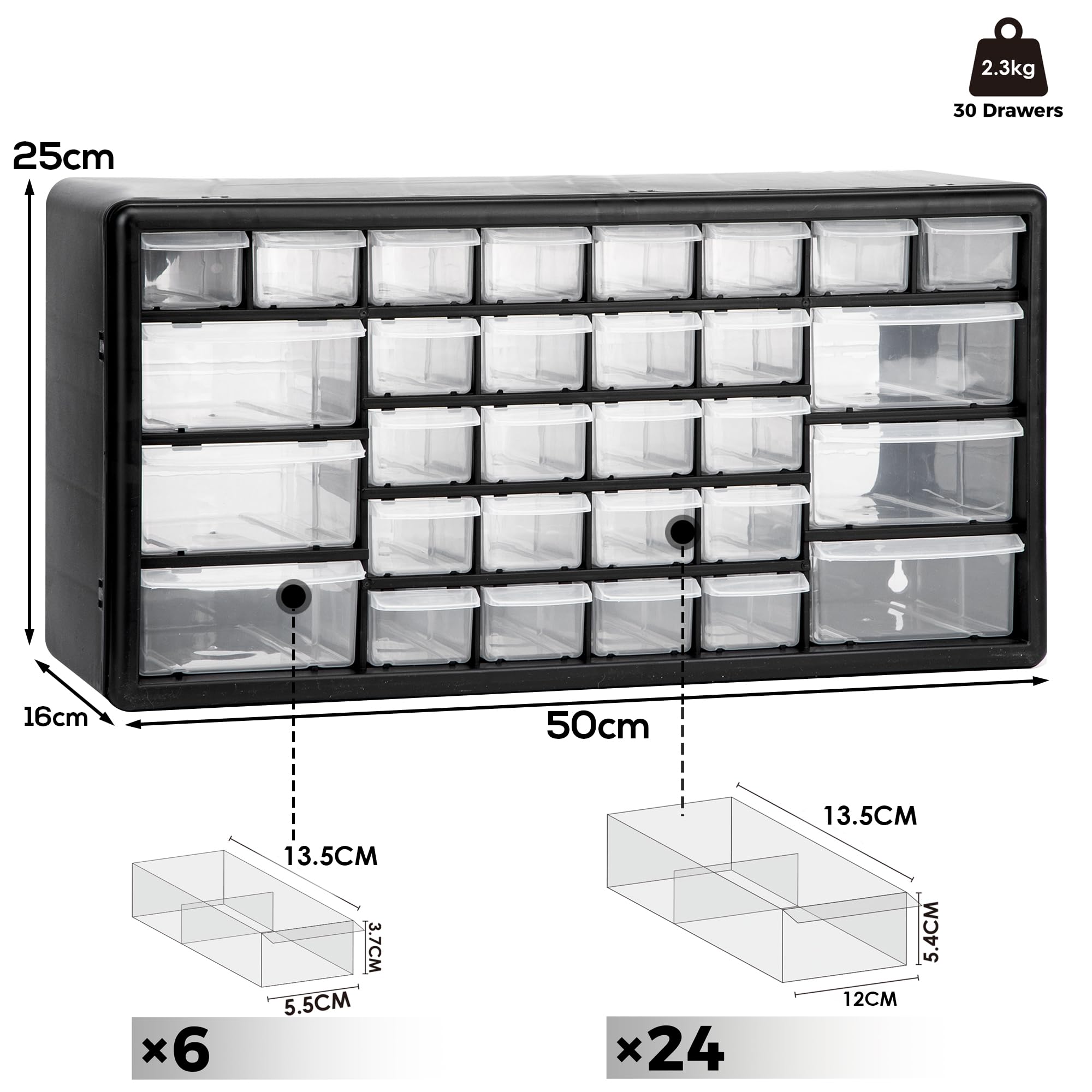 CraftGenes Schraubenaufbewahrungs-Organizer – Aufbewahrungsbox mit 30 Schubladen, verstellbaren Trennwänden, wandmontierbarer Werkzeugaufbewahrungs-Organizer (schwarz)
