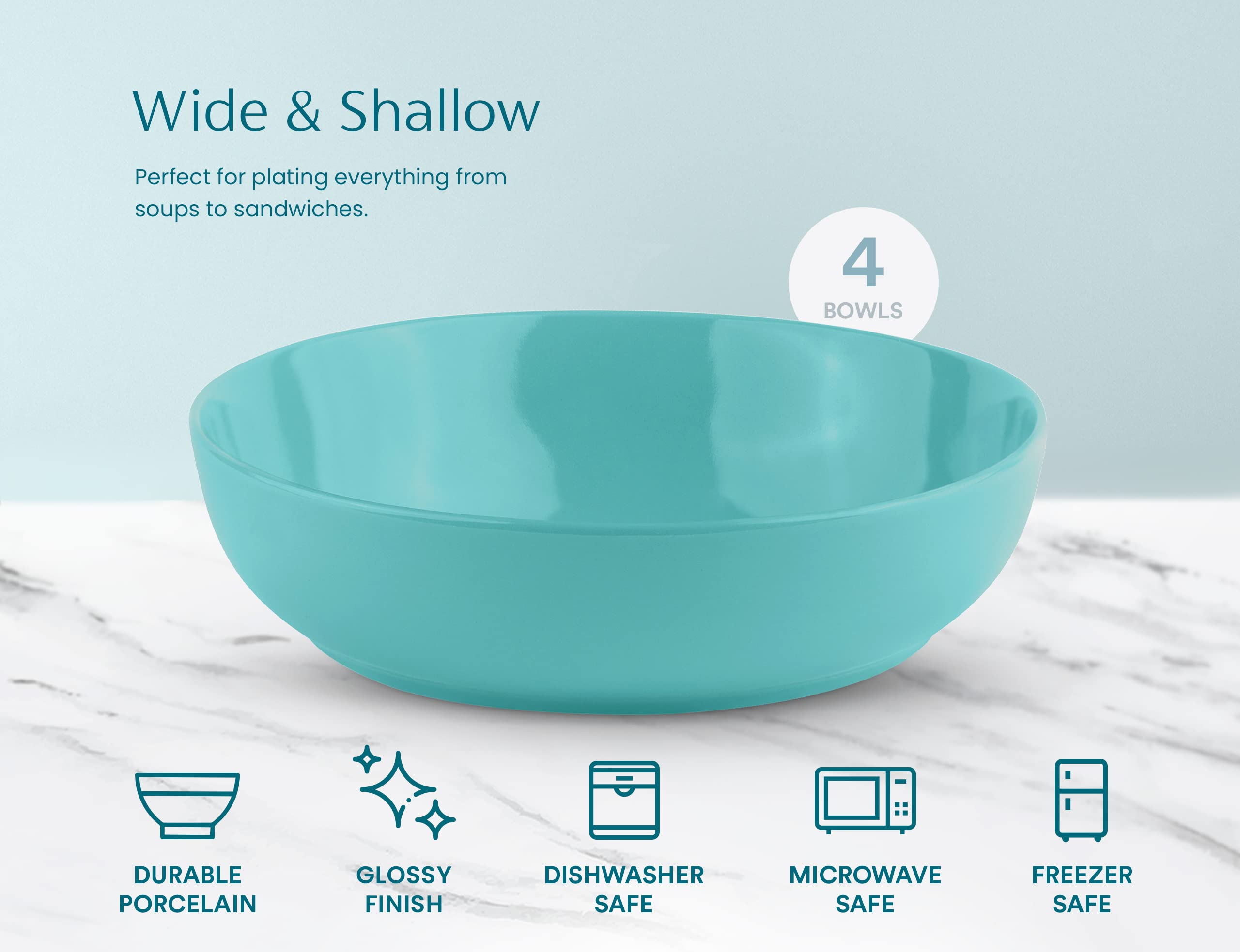 KooK Porcelain Pasta Bowl Set, For Soups and Salads, Serving Bowls, Large Capacity, Microwave & Dishwasher Safe, Set of 4, 40 oz (Light Turquoise)
