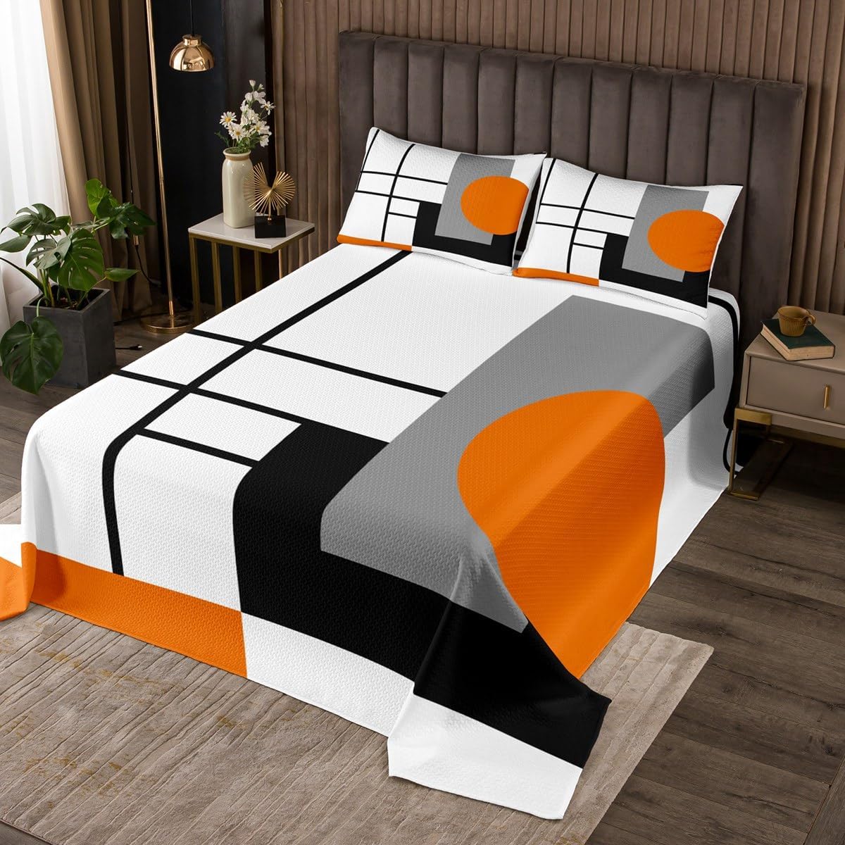 Erosebridal White Black Orange Striped Bedspread Sets Queen Size Boho Modern Geometric Abstract Coverlet Set Stripes Lines Bed Set Minimalist Square and Circle Bedding Set