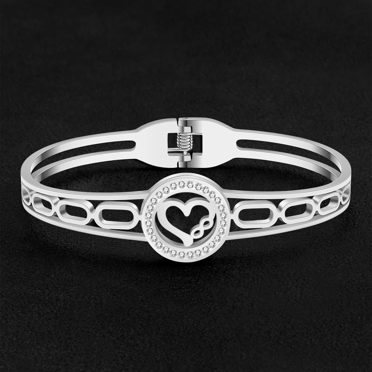 Stainless Steel Rhinestone Love Heart Bangle Hollow Out Cuff Bracelets Festival Gifts For Women Novelty Jewelry Charms - Image 4
