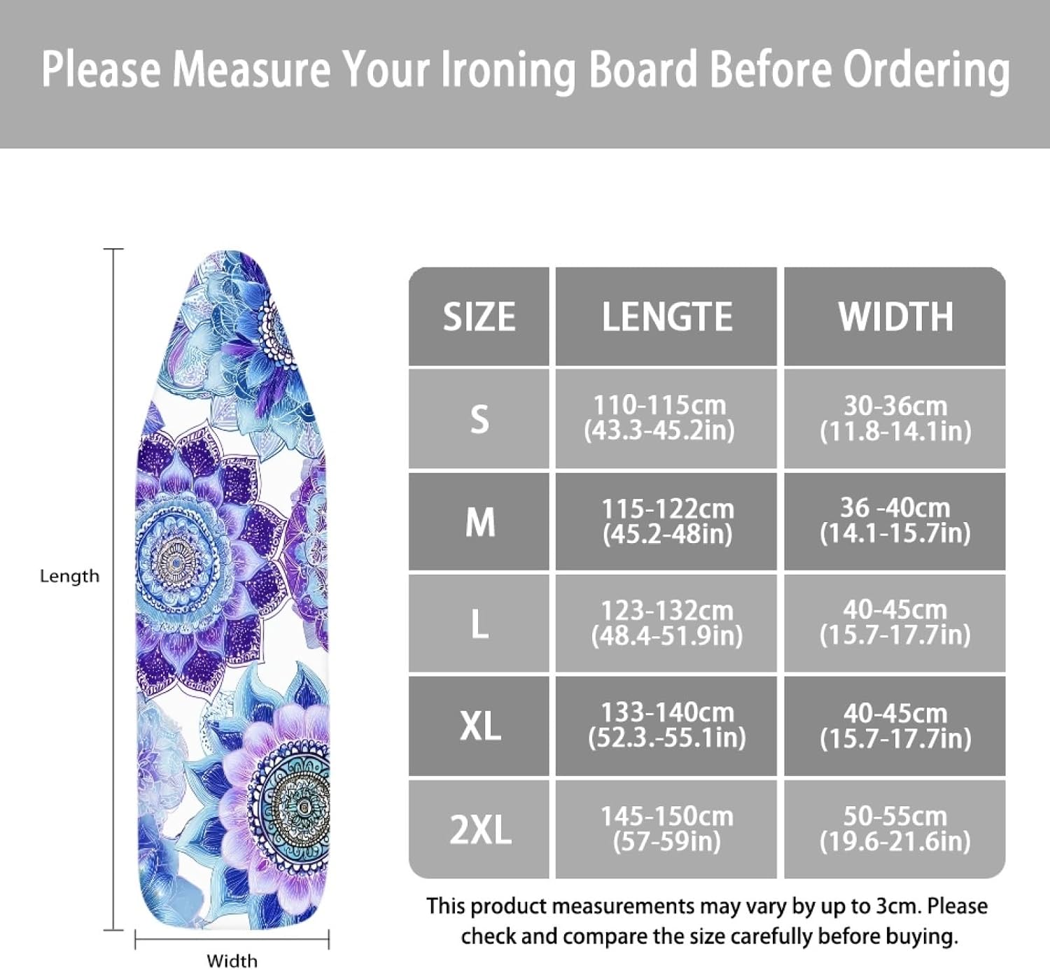 Large Ironing Board Cover and Pad 59x19 Purple Blue Flowers Iron Table Cover with Padding,Extra Wide,Resist Scorching and Staining,Heatproof,Adjustable Fastener Durable Stain