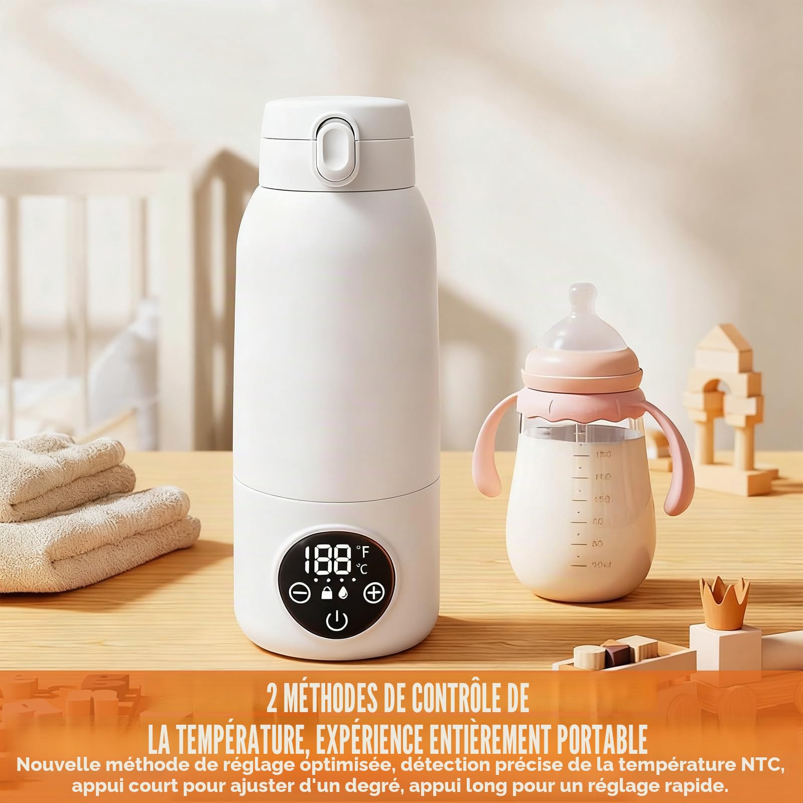 Chauffe-biberon, portable, pour bébé, pour les déplacements, chauffe-lait électrique, 500 ml, réglage précis de la température 45 °C à 55 °C, sans BPA, pour lait maternel et formula, voyage et nuit