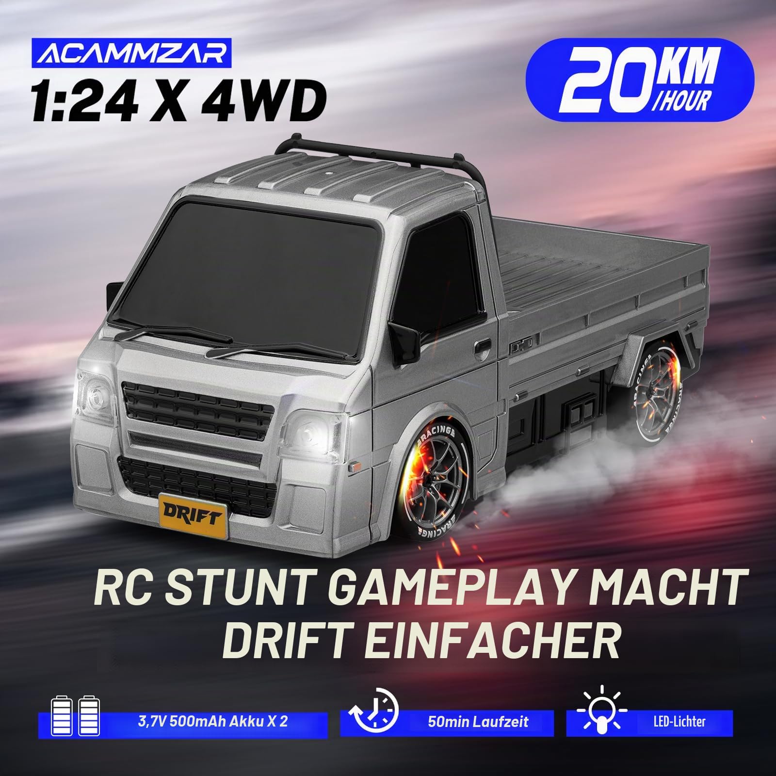 ACAMMZAR Ferngesteuertes Auto Drift, 1:24 RC Drift Car, 20KM/H 4WD Truck RC Auto mit LED-Leuchten, Zwei Batterien, für Jahre Kinder und Erwachsene