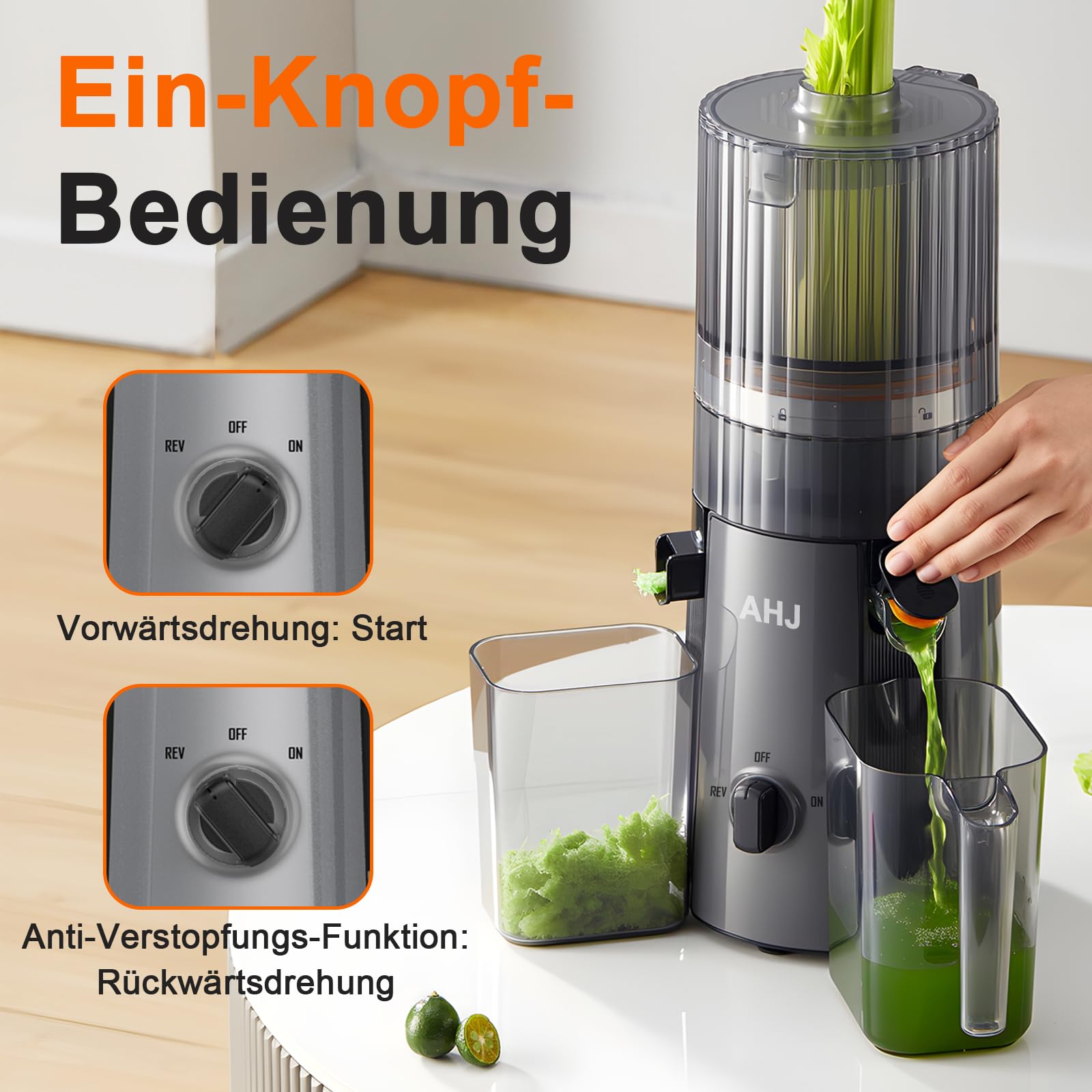 AHJ Entsafter Slow Juicer, 135mm Große Einfüllöffnung,100% BPA-frei, Kaltentsafter für Ganzes Obst & Gemüse, Einfach zu Reinigen,2 Trinkgläser Inklusive, Ideal als Hochzeits- und Geburtstagsgeschenk