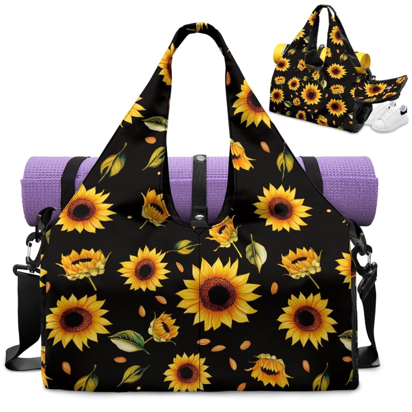 Dngkaoje Sunflower Yoga Bag with Shoe Compartment Durable Gym Bag with Yoga Mat Holder Sports Duffel Bags with Zipper,Yellow Flower Print Sports Duffle Bags for Girls High School Workout