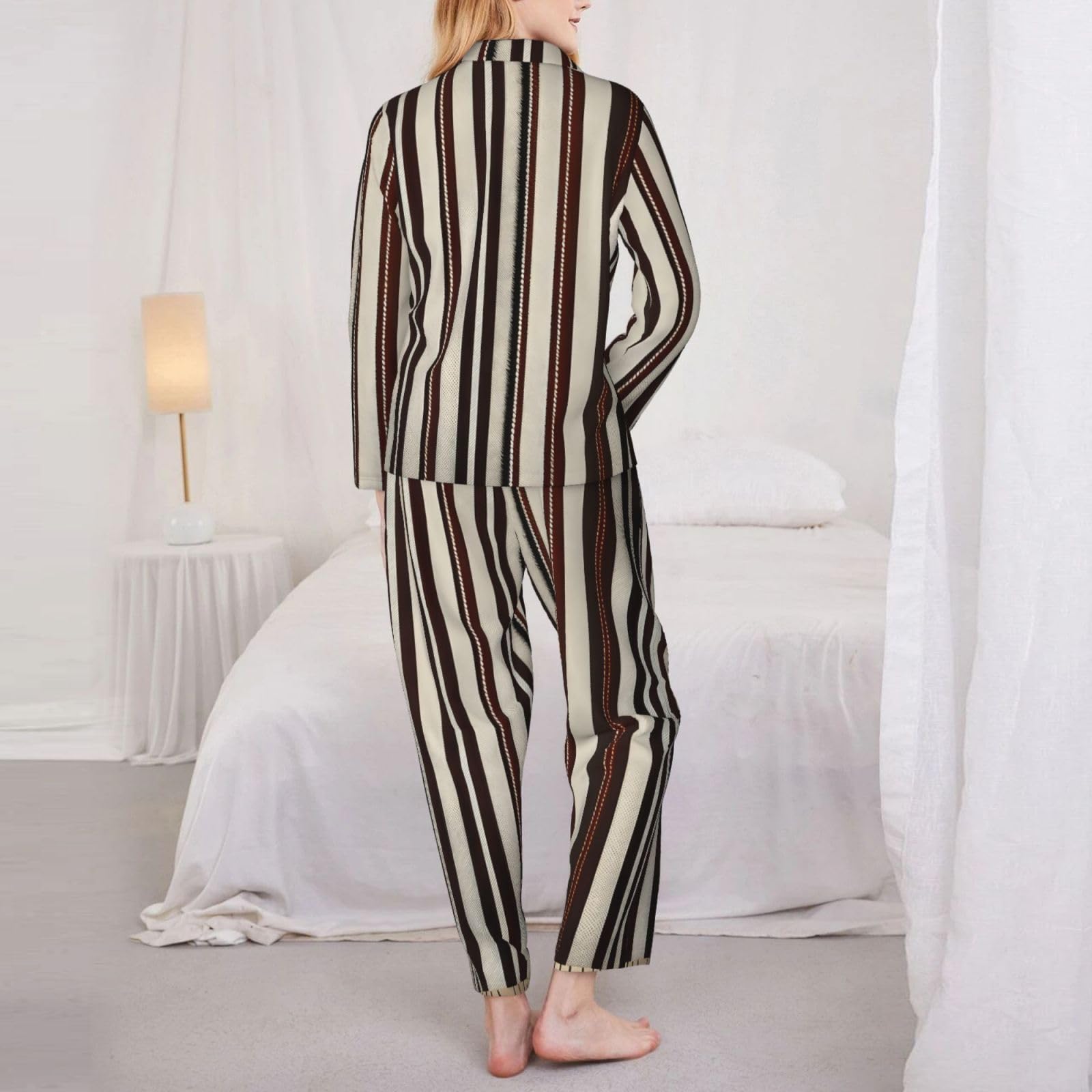 Set pigiama a maniche lunghe da donna con stampa a righe marroni Lounge Sleepwear Accogliente Nightwear Loungewear tutti i giorni