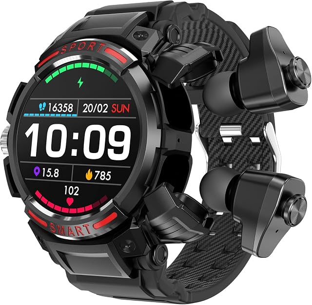 GT100 2 in 1 Smartwatch with TWS Earbuds 1.43 Inch 128MB Round Waterproof Music MP3 Speaker NFC Smart Watch Bluetooth Headphones Health Monitor Sports Fitness Tracke (Black)