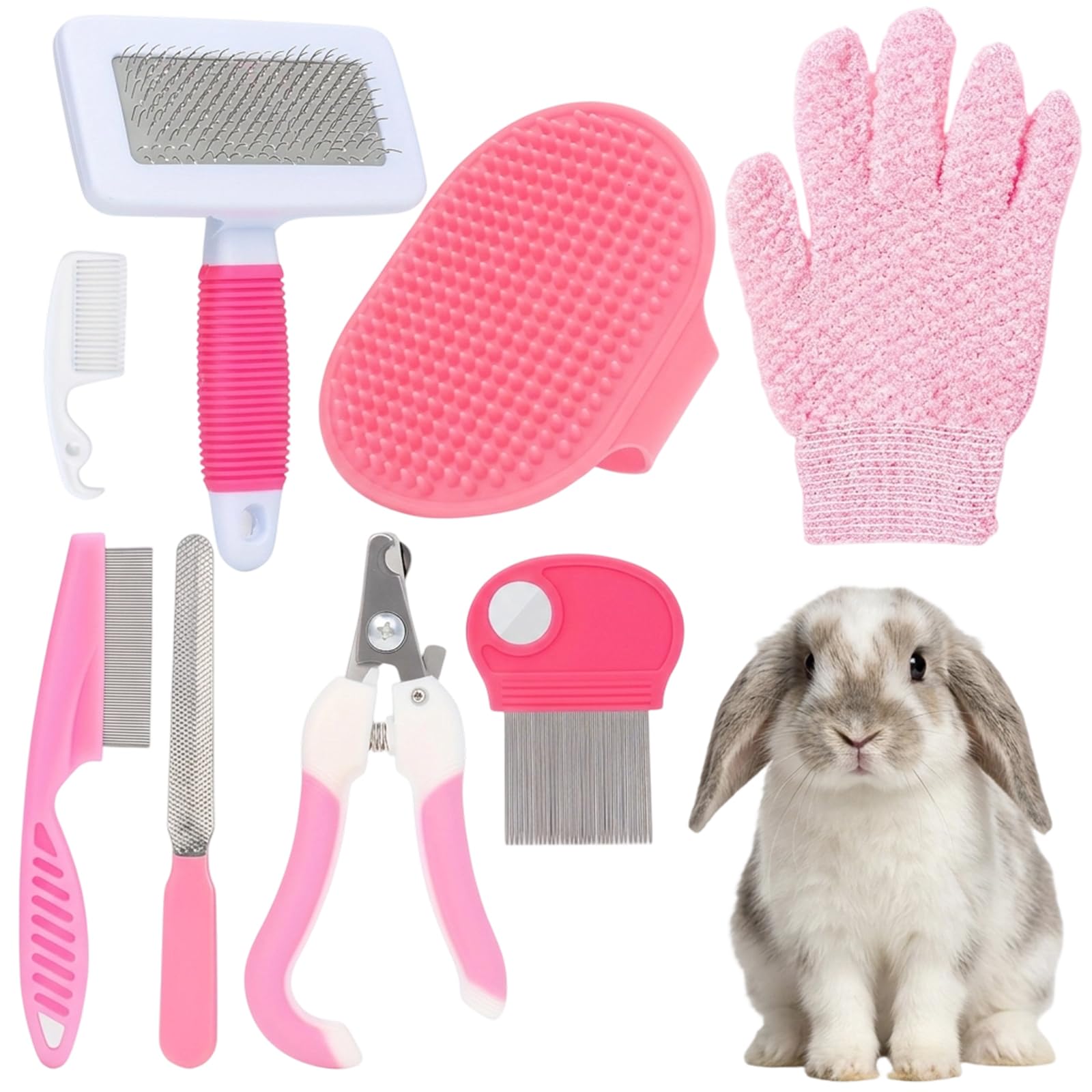 Rabbit Grooming Kit with Rabbit Brush and Nail Clippers, 8-in-1 Complete Small Pet Tools, Multifunctional Kit for Coat Grooming and Nail Trimming for Rabbits