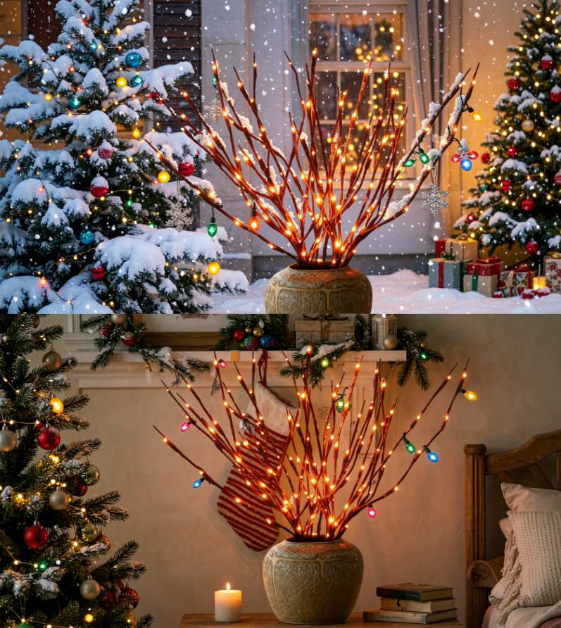 Image of DK177 4Pack Led Branch Light Battery Operated Lighted Branch Vase Filler Willow Tree Artificial Little Twig Power Brown 30 Inch 20 LED for Home Romantic Decoration, 4Pack Orenge-Light