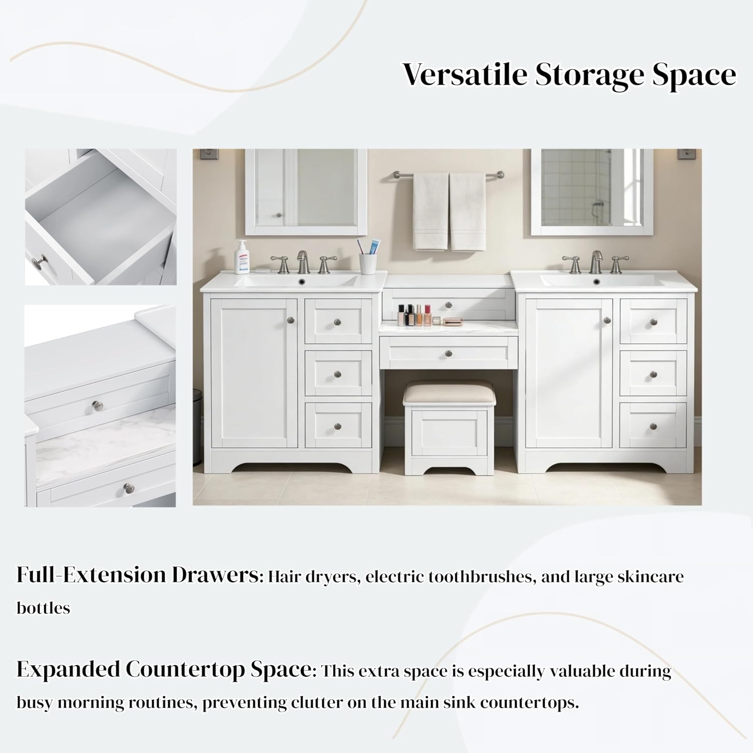 84" Double Sink Bathroom Vanity, 2 Ceramic Sinks and a Engineered Stone Countertop, Large Storage Bathroom Vanity with Silver Metal Knobs and 6 Drawers, Soft Closing Design -White