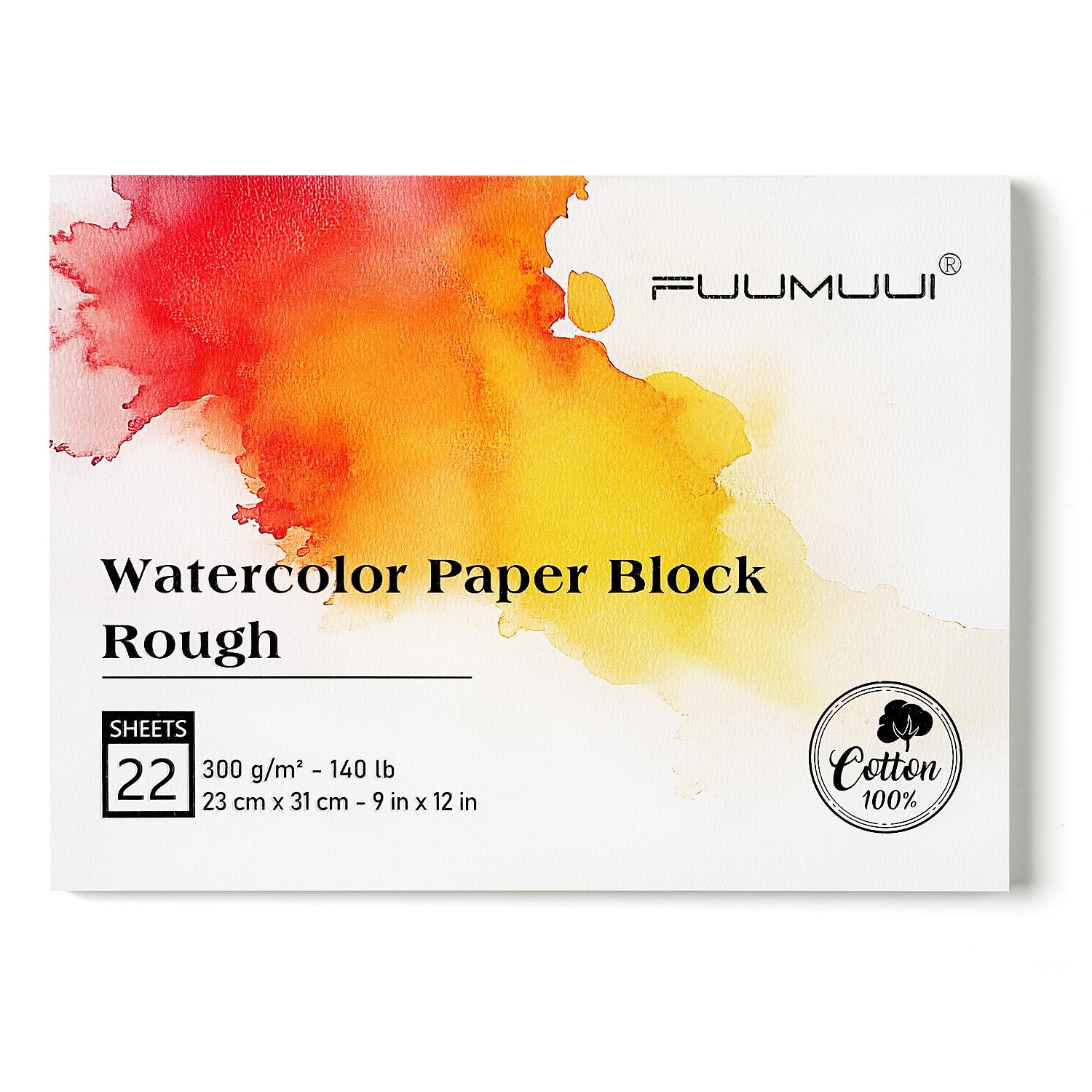 Fuumuui Watercolor Paper Block 9x12 Inch, 100% Cotton, 22 Sheets, Rough Texture, 300gsm/140lb, Acid-Free for Textural & Landscape Painting