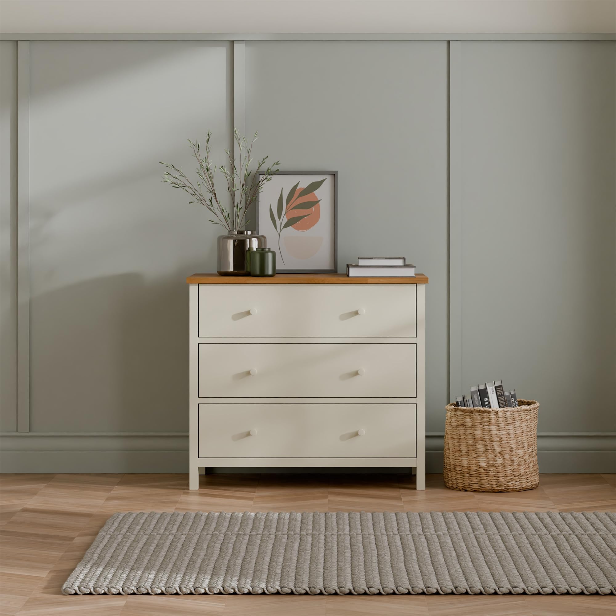 Julian Bowen Coxmoor Chest of Drawers – Wooden Dresser with 3 Drawers, Cream Sideboard for Bedroom and Living Room, 84x74cm – Ivory and Oak