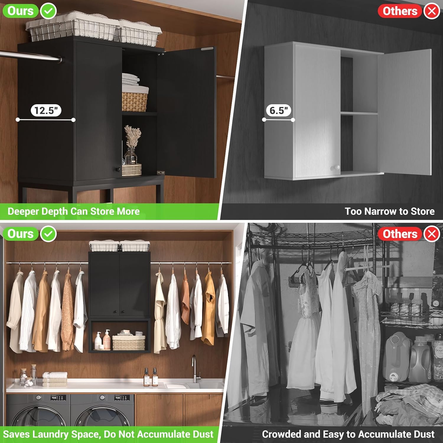 Homieasy Wall Cabinet with 2 Hanging Rods, 67'' Wide Laundry Wall Cabinet with 2 Doors, Open Rack & Adjustable Inner Shelf, Storage Cabinet Wall Mounted for Laundry & Bathroom, Black